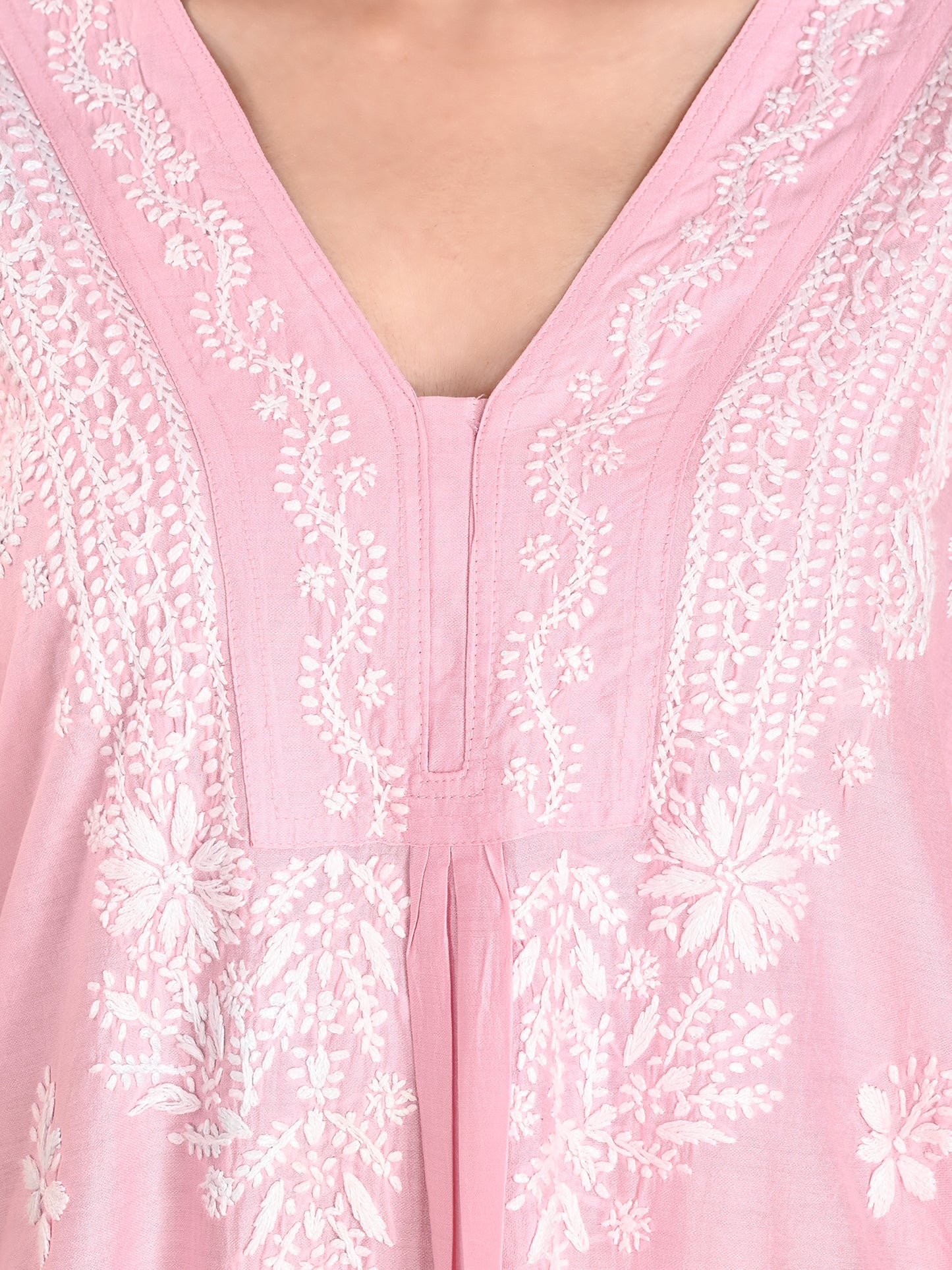 Pink Chanderi Lucknowi Chikankari Anarkali Kurta for Women with White Hand Embroidery – Handmade Ethnic Wear Kurti