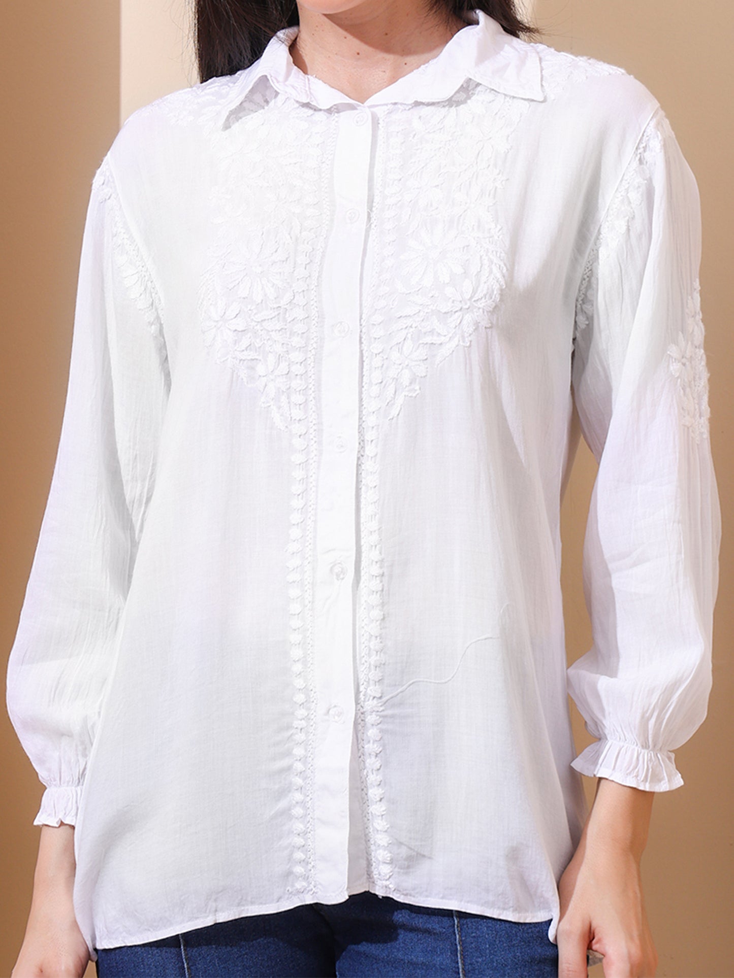 Nazaira Women’s Modal Lucknow Chikankari Shirt for Women | Hand Embroidered Luckhnawi Chickankari Top | White Ombre Ethnic Wear Shirt with 3/4 Sleeves | Handmade for Women