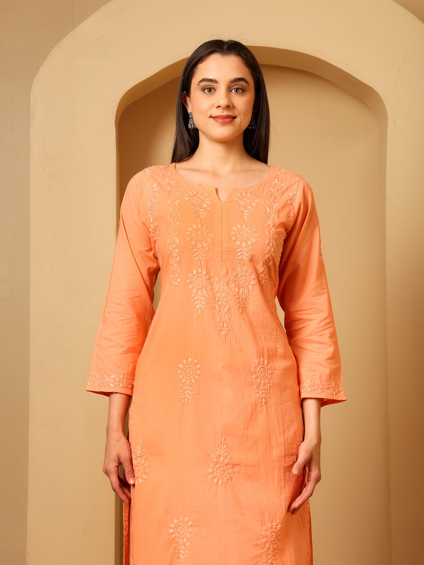 Cotton Chikankari Kurta Palazzo Set for Women | Hand Embroidered Lucknowi Chikankari Kurti with Palazzo | Ethnic Wear Long Kurta Set (Peach) | Handmade Cotton Kurta for Women