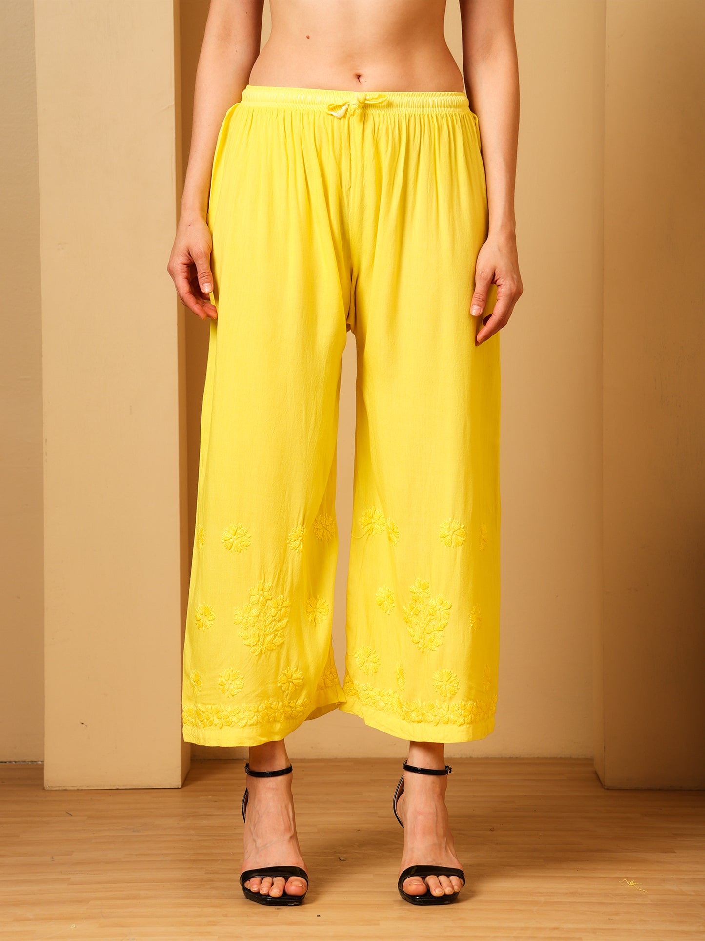 Nazaira Women’s Rayon Lucknow Chikankari Kurta Palazzo Set | Yellow Ombre Hand Embroidered Kurti Set | Ethnic Wear for Women | Handmade Luckhnawi Chickankari Kurta with Palazzo