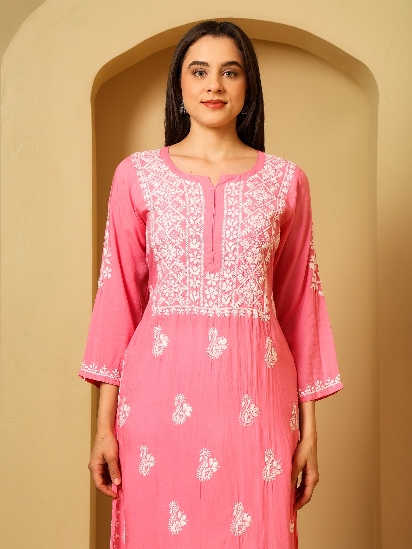 Nazaira Women’s Modal Chikankari Kurta Pink | Hand Embroidered Lucknowi Chikankari Kurti | Ethnic Wear Long Kurta for Women | Lightweight Breathable Daily & Festive Wear