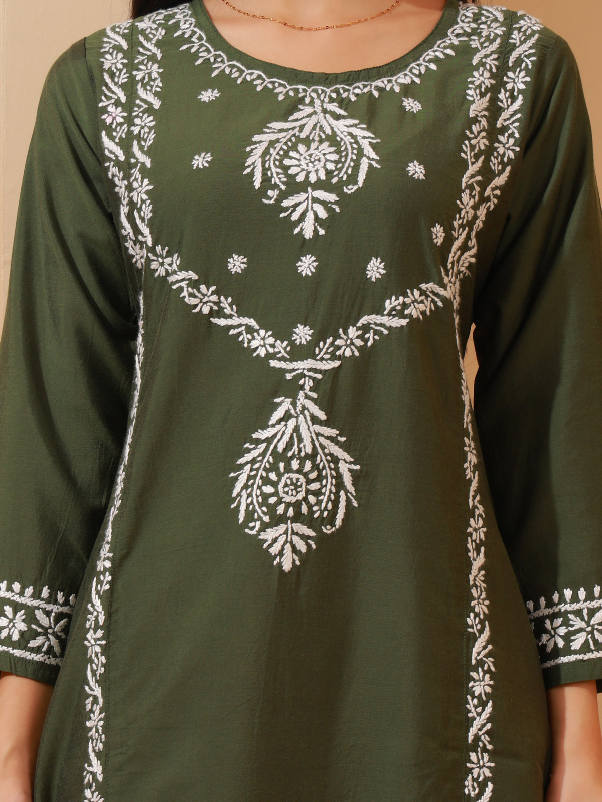 Nazaira Chanderi Chikankari Kurta Pant Set for Women | Olive Green Long Kurta with Hand Embroidery | Lucknowi Chikankari Ethnic Wear | 3/4 Sleeve Kurti Set with Pocket Pants