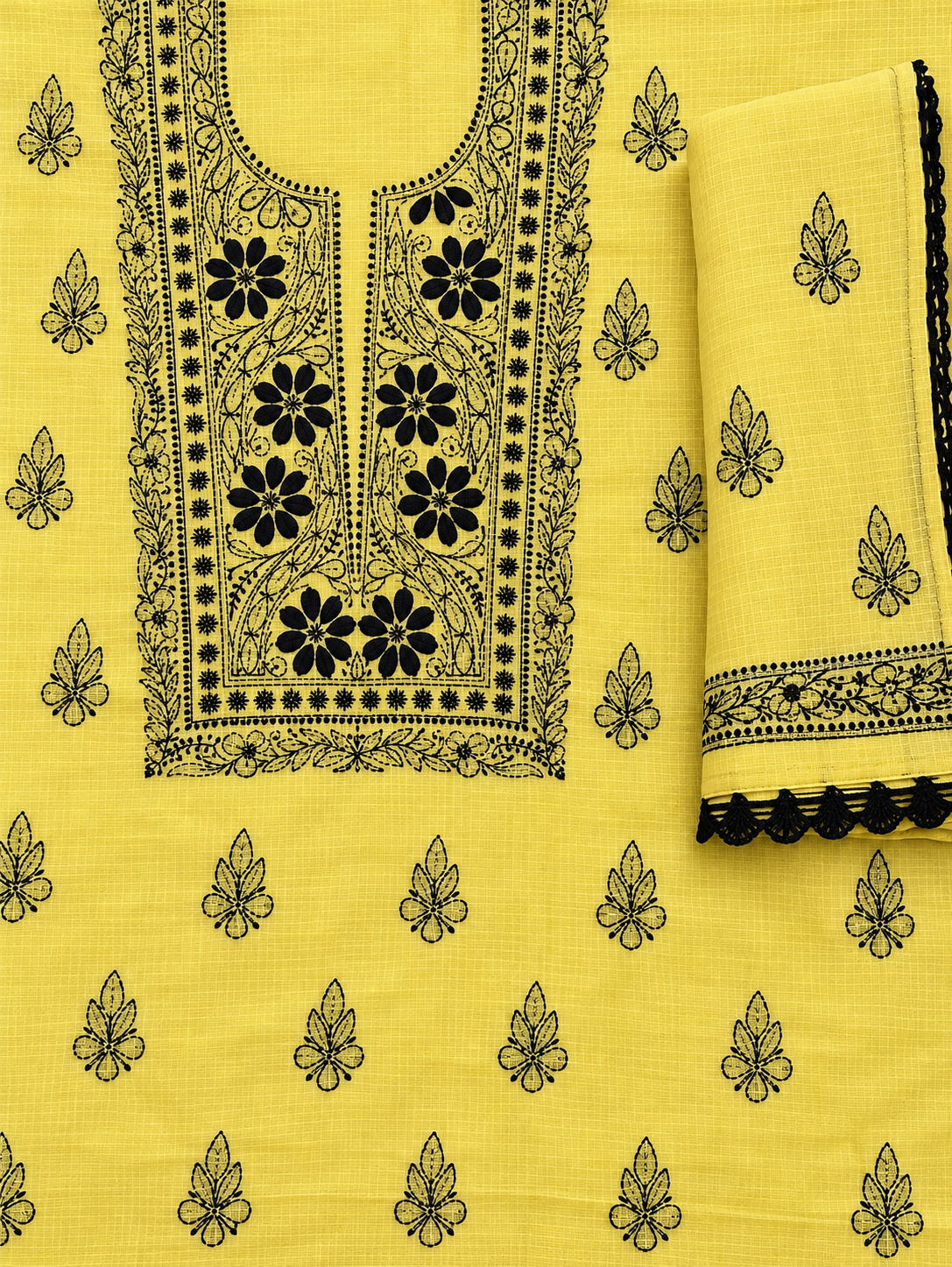 Women's Yellow Kota Cotton Unstitched 2 Piece Suit Dress Material with Dupatta | Lucknowi Chikankari Hand Embroidery, Glass Gala Neck Work, Front Back Motifs | Pooja Wedding Festive