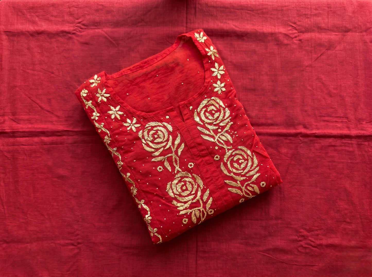 Nazaira Pure Mul Chanderi Semi-Stitched Suit for Women with Dupatta | Hand Embroidered Lucknow Chikankari Kurta Set | Pitta Work Naira Cut Gown Style Ethnic Wear | Dress Material | Red