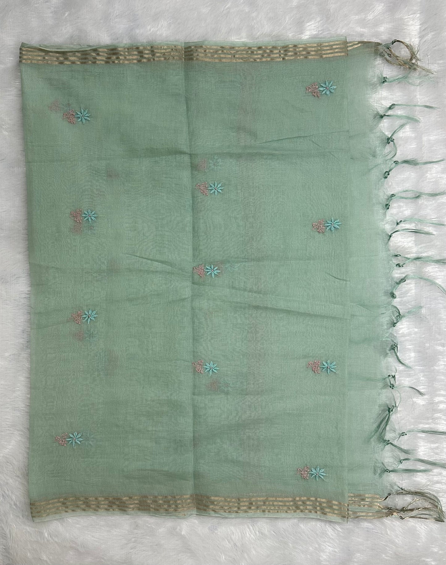 Pure Mul Chanderi Lucknowi Chikankari Unstitched Suit for Women with Dupatta – Hand Embroidered Ethnic Dress Material (2 Piece Set) - Sea Green