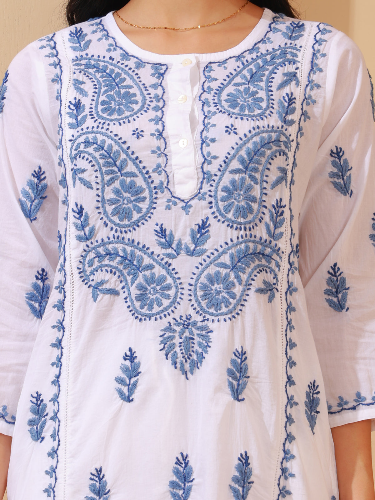 Nazaira Cotton Chikankari Kurta for Women | White Long Kurti with Blue Hand Embroidery | Lucknowi Chikankari Handwork Ethnic Wear | Handmade Cotton Kurta with Pocket