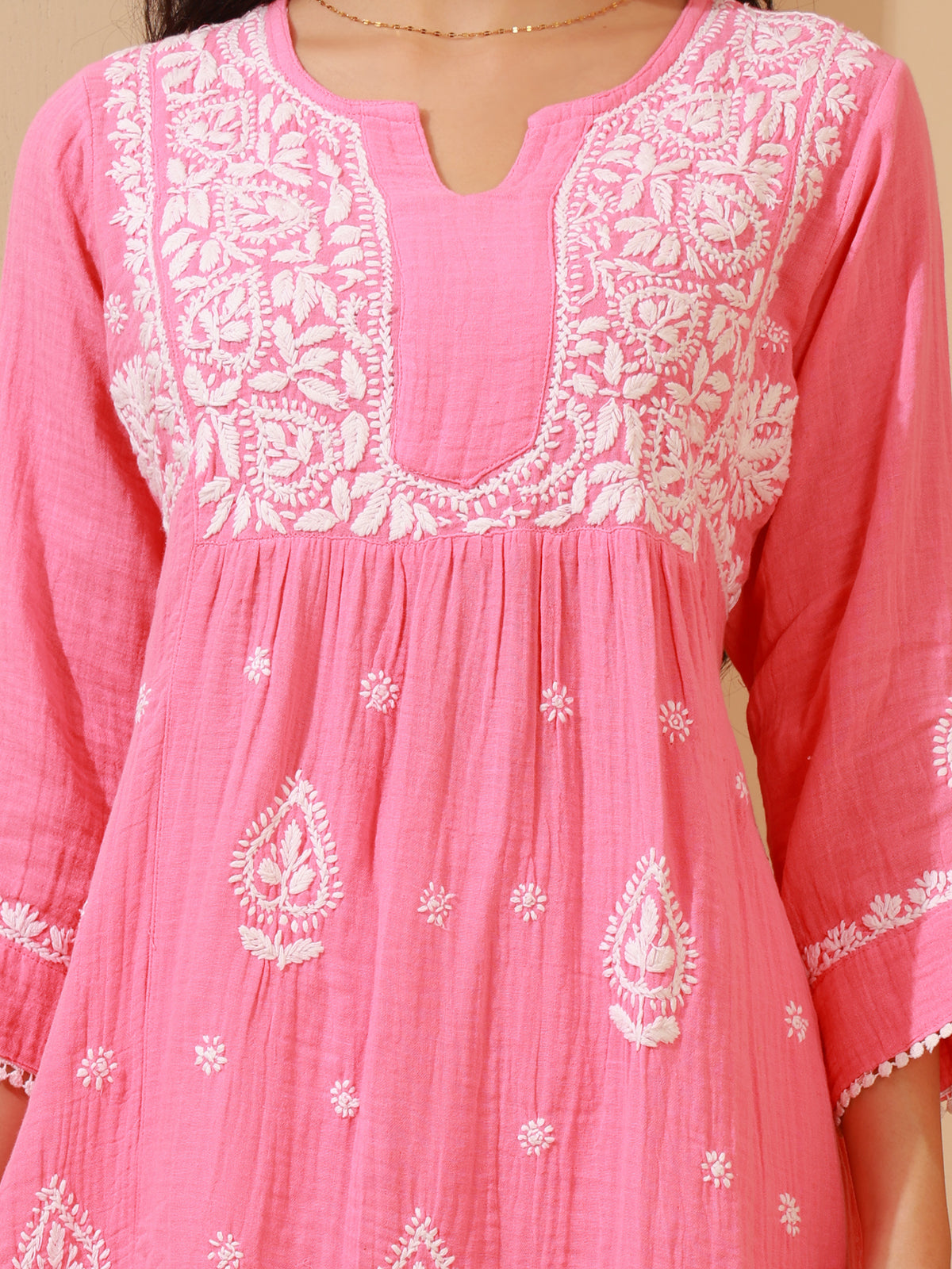 Nazaira Women's Pink Cotton Chikankari Kurta | Lucknowi Hand Embroidered Long Kurti with Pockets | Double Gauze Cotton Ethnic Wear | Modern Traditional Handwork Kurta