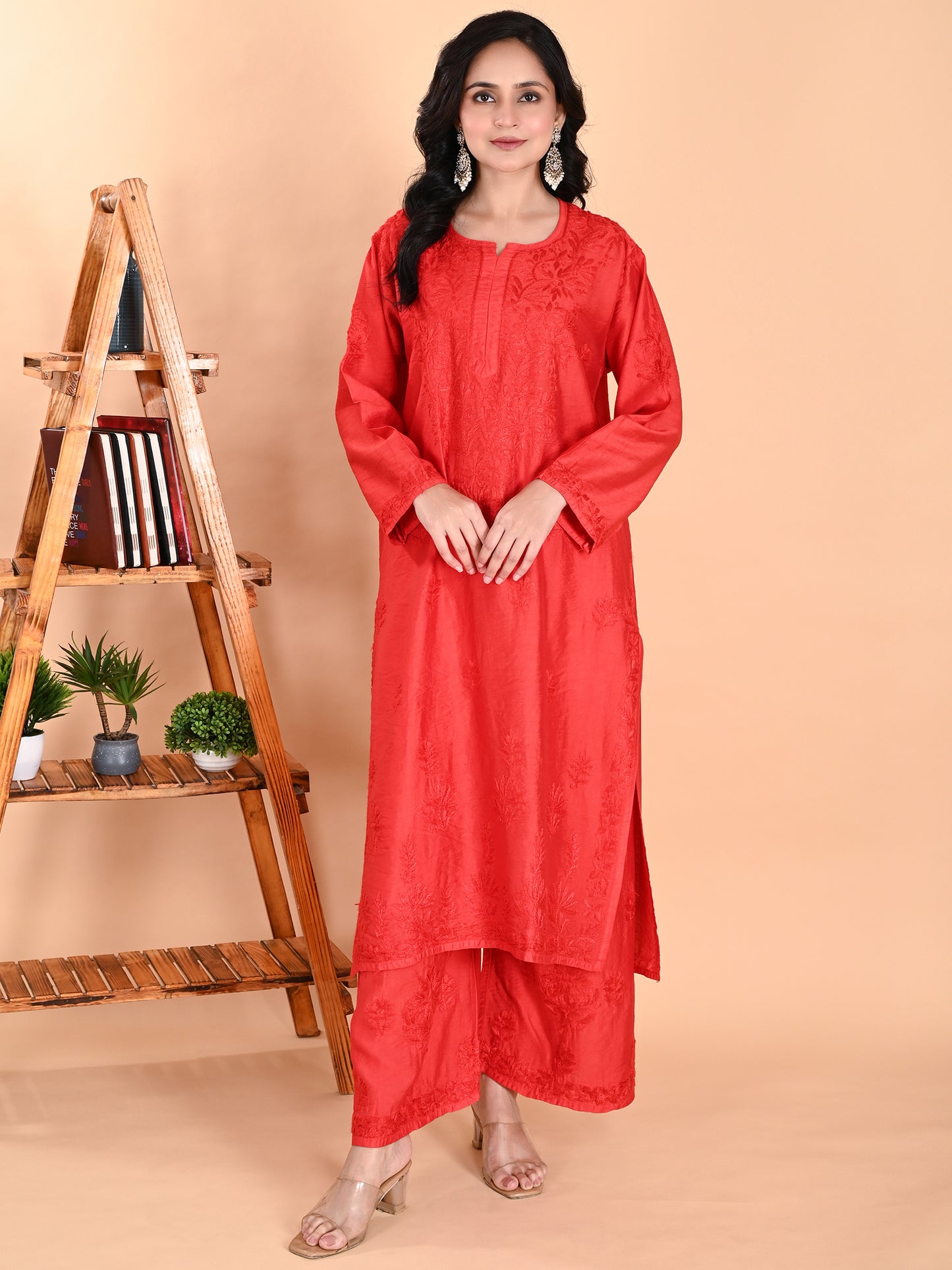 Red Chanderi Lucknowi Chikankari Kurta with Pajama Set for Women with Hand Embroidery – Long Ethnic Wear Suit Set