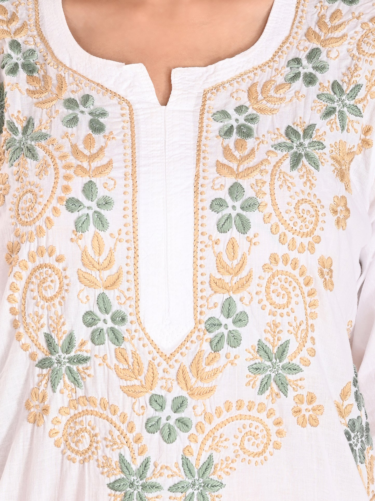White Cotton Lucknowi Chikankari Long Kurta for Women with Green & Golden Thread Hand Embroidery – Ethnic Wear Kurti