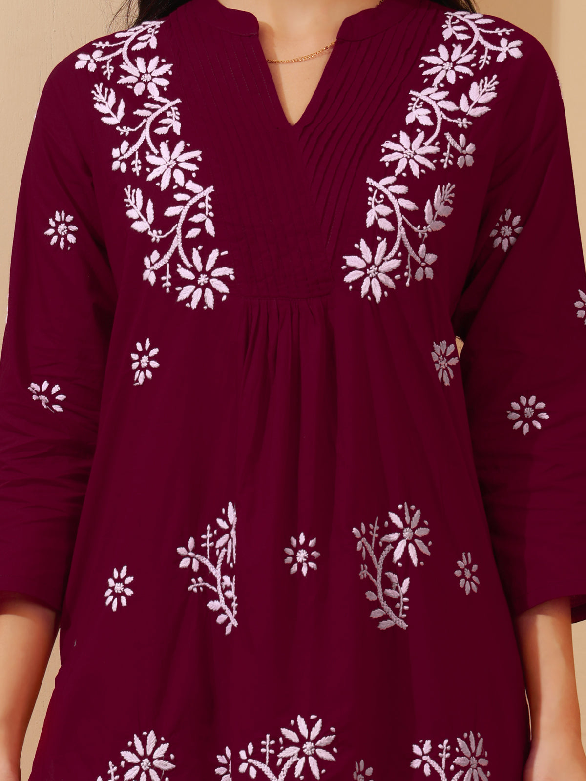 Nazaira Cotton Chikankari Kurta Pant Set for Women | Wine A-Line Long Kurti with Hand Embroidery | Lucknowi Chikankari Ethnic Wear with Pants & Pockets | Handmade Handwork Kurta Set