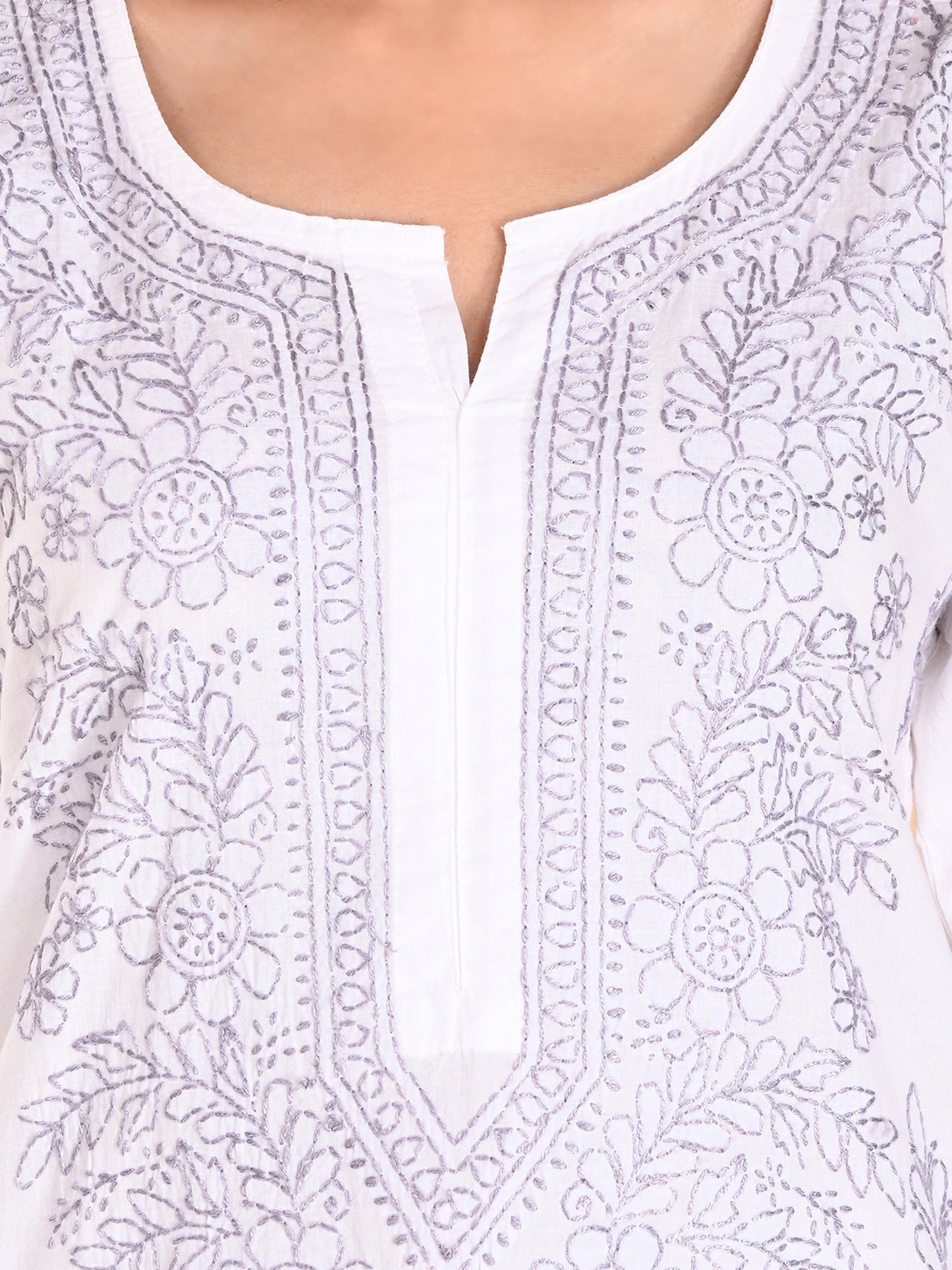 White Cotton Lucknowi Chikankari Kurta with Pajama Set for Women with Grey Thread Hand Embroidery – Ethnic Wear Suit Set