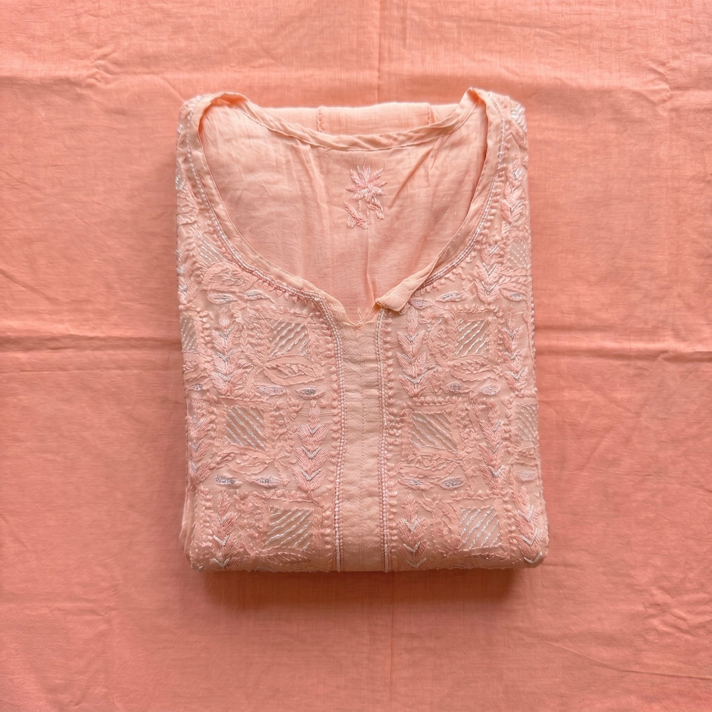 Nazaira Pure Mul Chanderi Lucknow Chikankari Semi-Stitched Suit for Women with Dupatta | Hand Embroidered Naira Cut Gown Style Dress Material | Heavy Cutdana & Sequin Handwork | Peach Pink Ethnic Wear