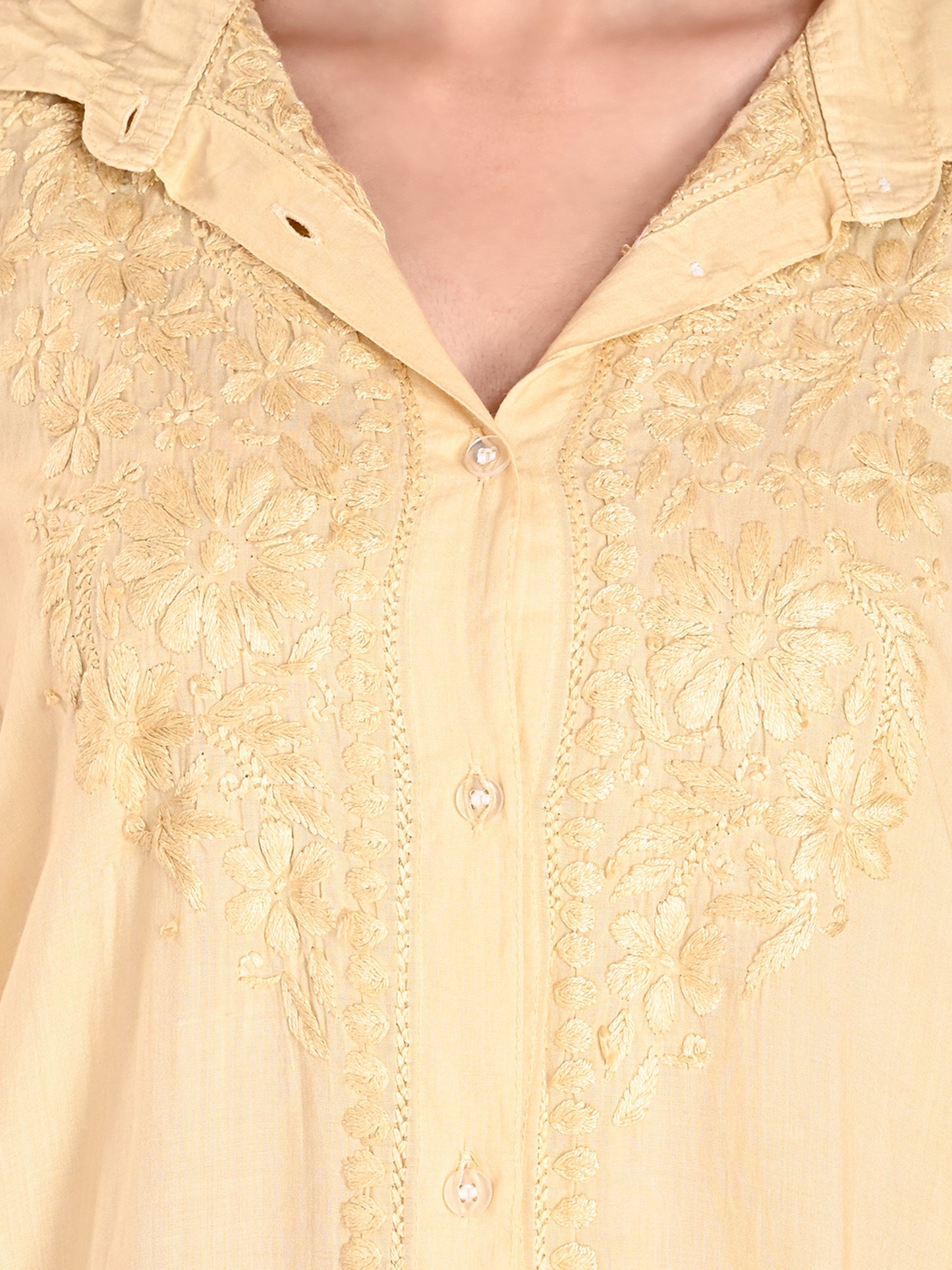 Cream Modal Lucknowi Chikankari Shirt Style Short Kurti for Women with Hand Embroidery – Casual Ethnic Wear Top