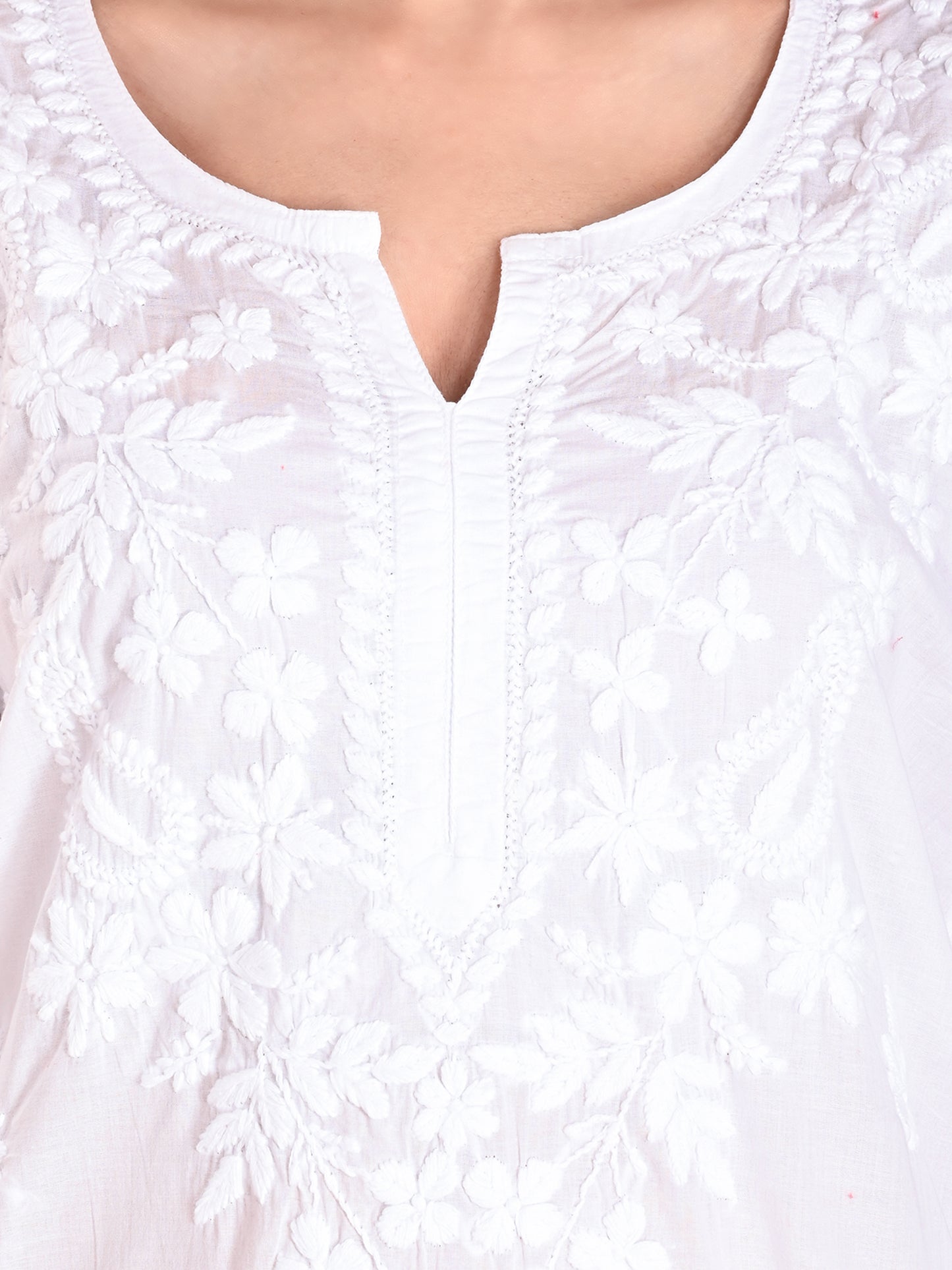 White Cotton Lucknowi Chikankari Long Kurta for Women with Hand Embroidery – Traditional Ethnic Wear Kurti