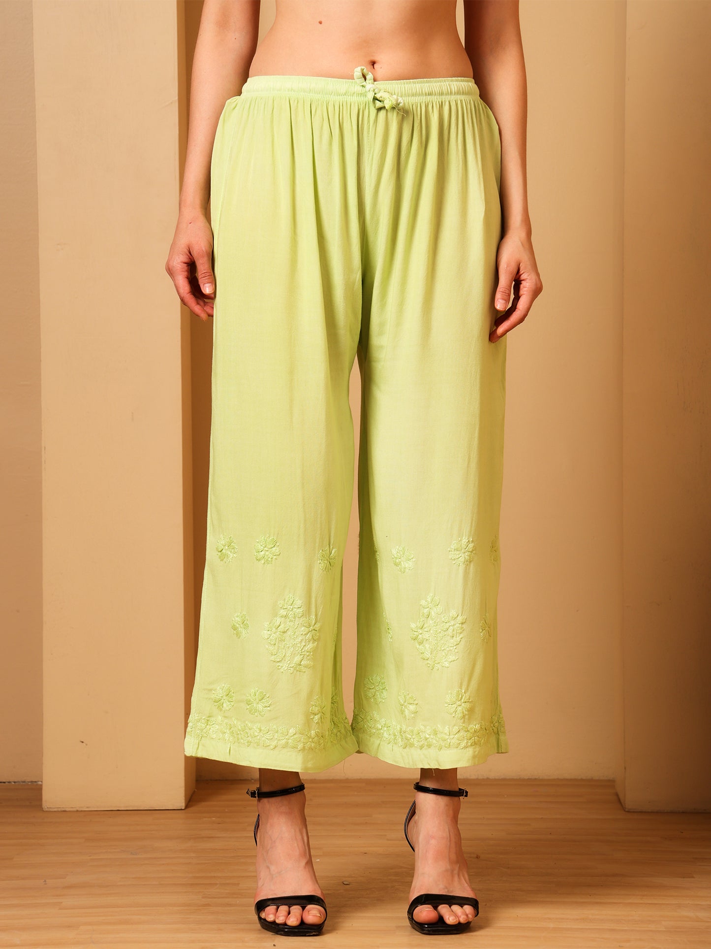 Nazaira Women’s Rayon Lucknow Chikankari Kurta Palazzo Set | Pista Green Ombre Hand Embroidered Kurti Set | Ethnic Wear for Women | Handmade Luckhnawi Chickankari Kurta with Palazzo