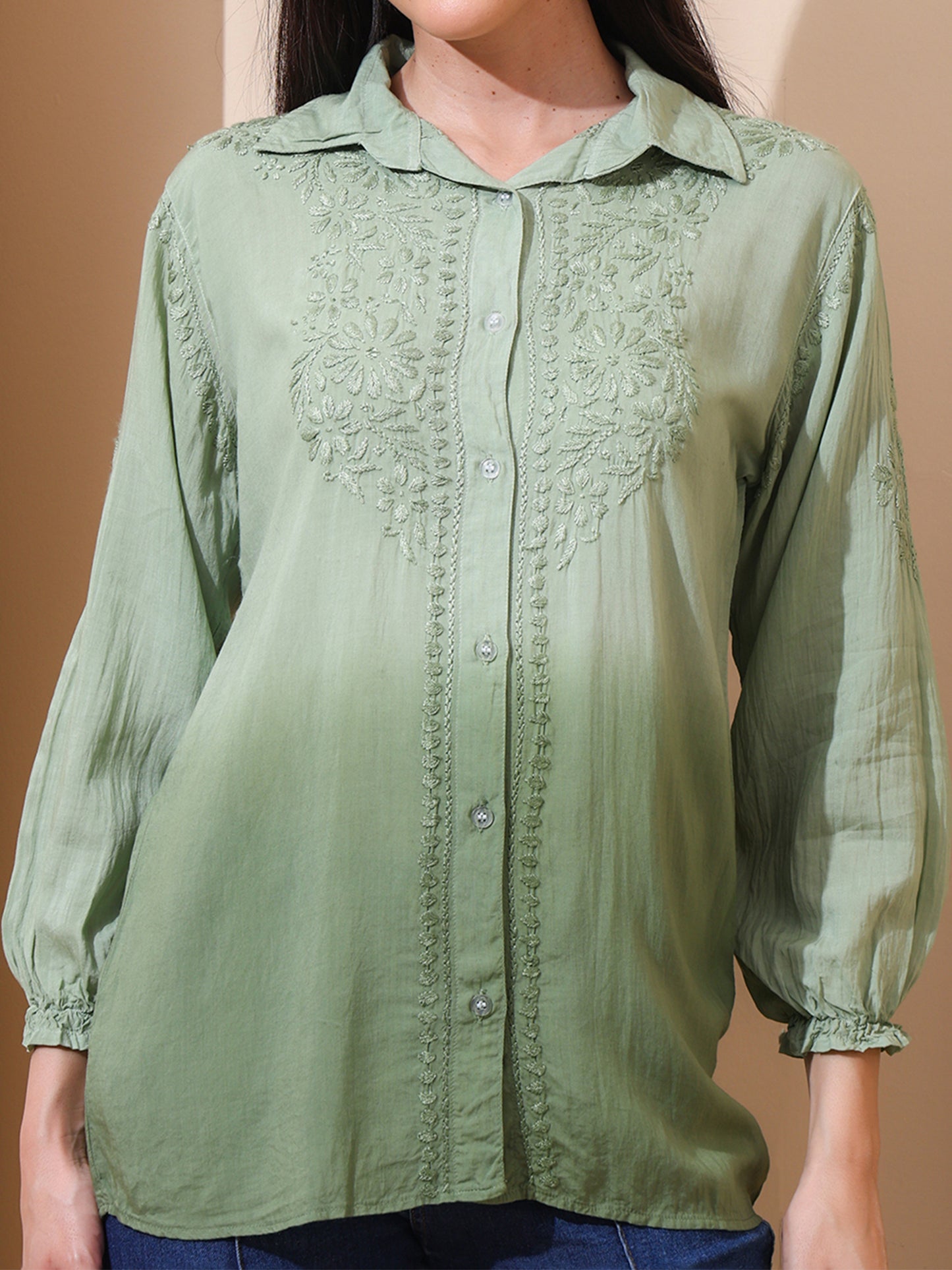 Nazaira Women’s Modal Lucknow Chikankari Shirt for Women | Hand Embroidered Luckhnawi Chickankari Top | Green Ombre Ethnic Wear Shirt with 3/4 Sleeves | Handmade for Women