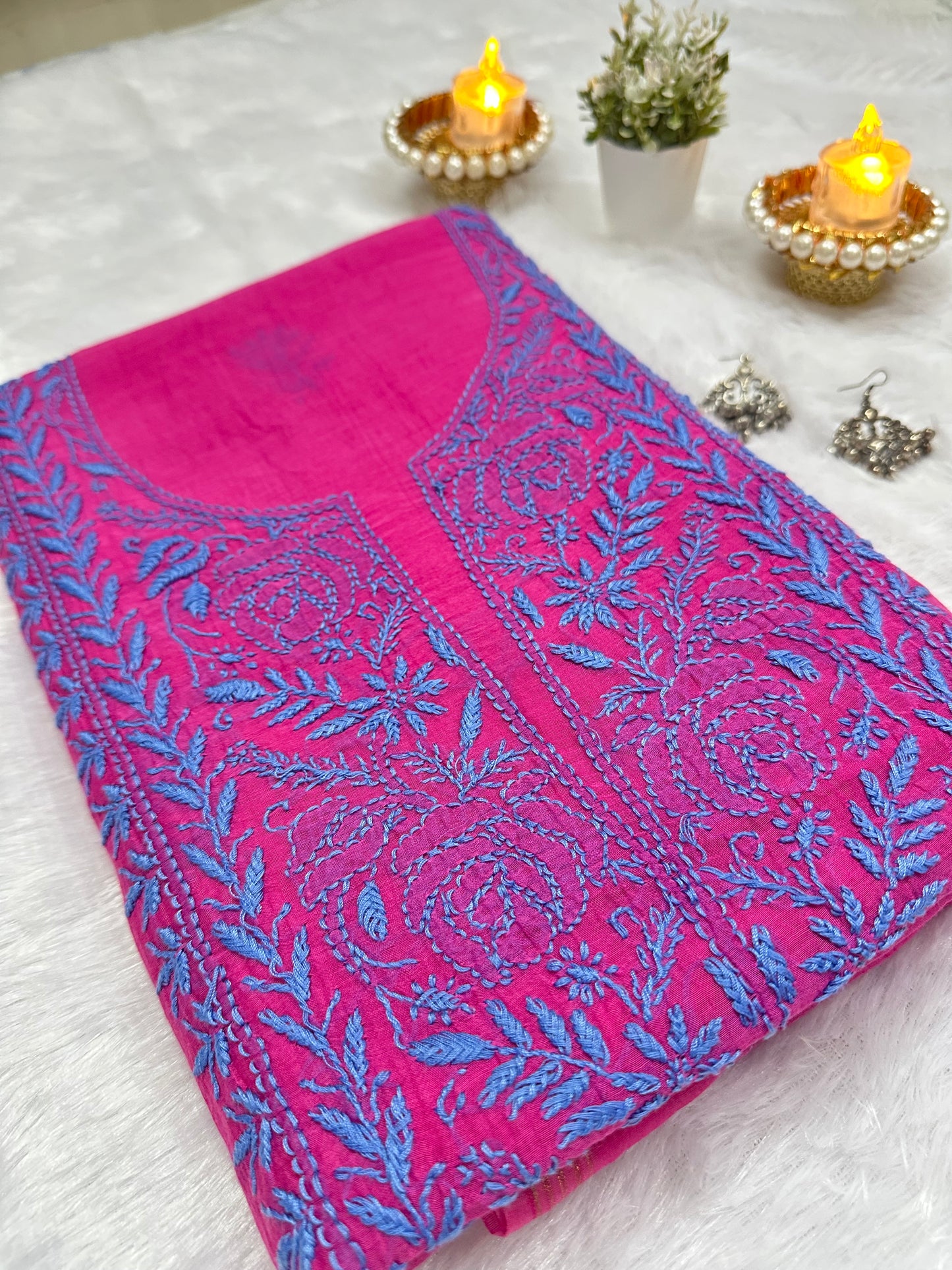 Pure Mul Chanderi Lucknowi Chikankari Unstitched Suit for Women with Dupatta – Hand Embroidered Ethnic Dress Material (2 Piece Set) - Magenta