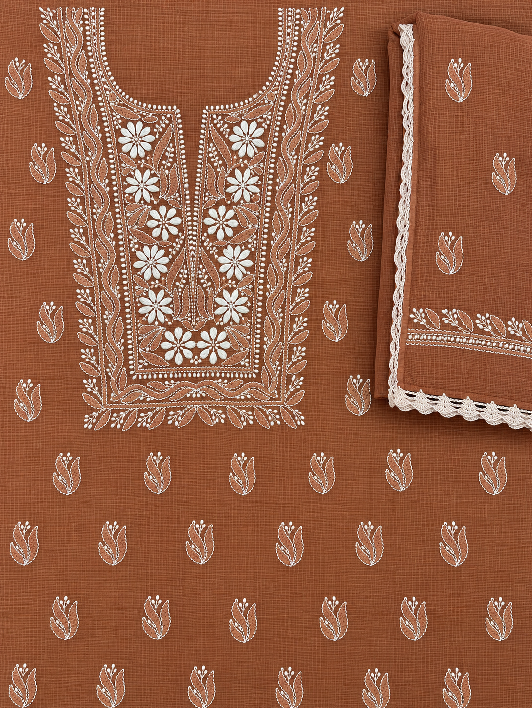 Women's Terracotta Brown Kota Cotton Unstitched 2 Piece Suit Dress Material with Dupatta | Lucknowi Chikankari Hand Embroidery | Glass Gala Neck, Heavy Dupatta Work | Pooja Wedding Festive