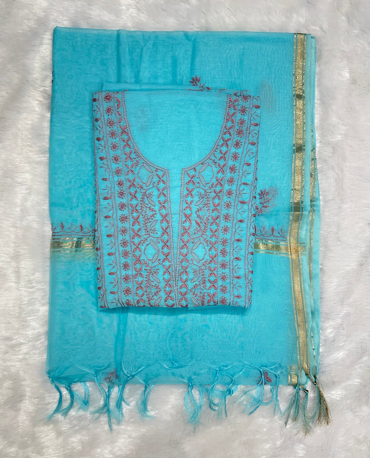 Pure Mul Chanderi Lucknowi Chikankari Unstitched Suit for Women with Dupatta – Hand Embroidered Ethnic Dress Material (2 Piece Set) - Sea Blue