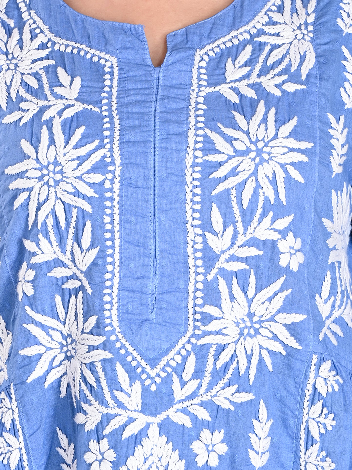 Blue Cotton Lucknowi Chikankari Long Gown Style Kurta for Women with White Hand Embroidery – Ethnic Wear Kurti