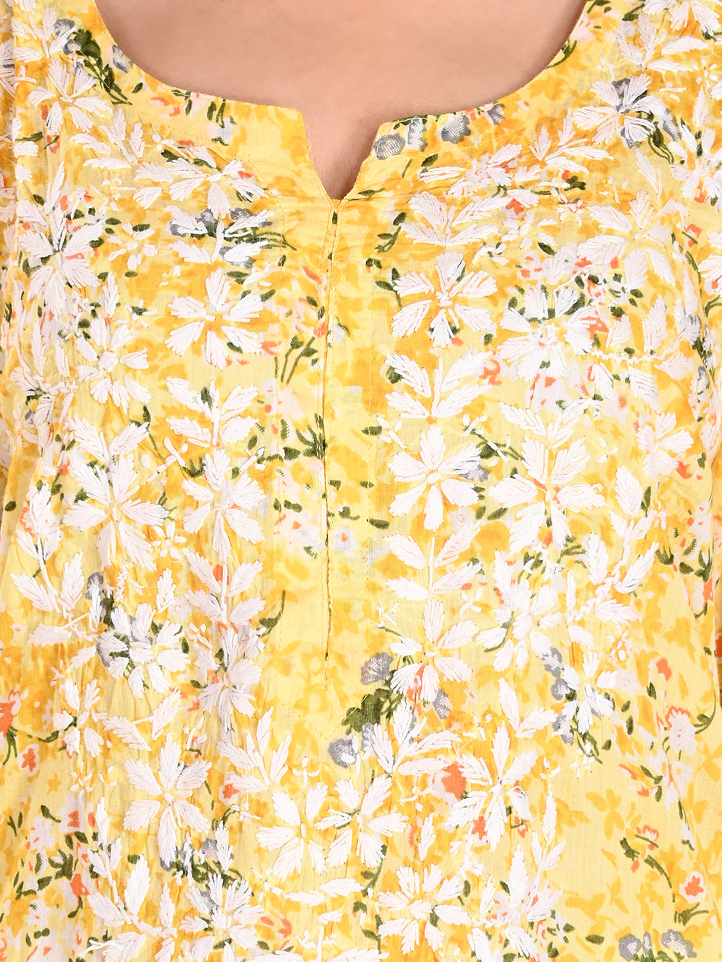 Yellow Mul Cotton Lucknowi Chikankari Floral Printed Long Kurti for Women with Hand Embroidery – Elegant Ethnic Wear Kurta