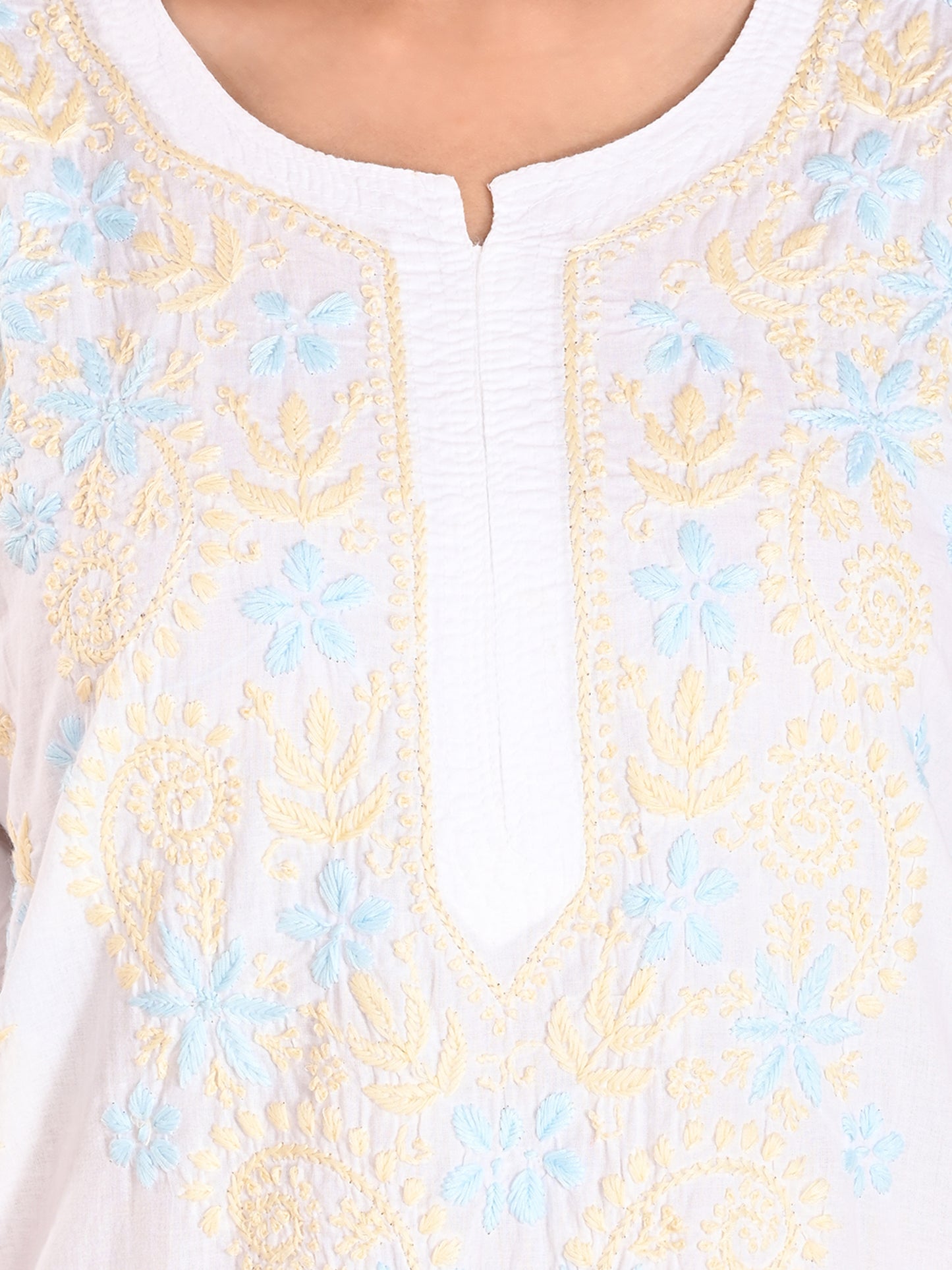White Cotton Lucknowi Chikankari Long Kurta for Women with Blue & Golden Thread Hand Embroidery – Ethnic Wear Kurti