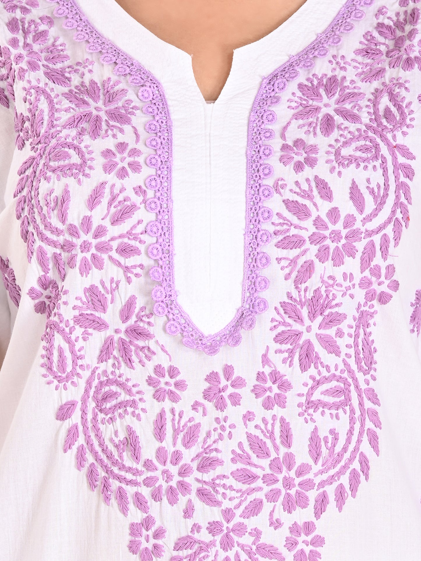 White Cotton Lucknowi Chikankari Kurta with Pajama Set for Women with Purple Hand Embroidery – Ethnic Wear Suit Set