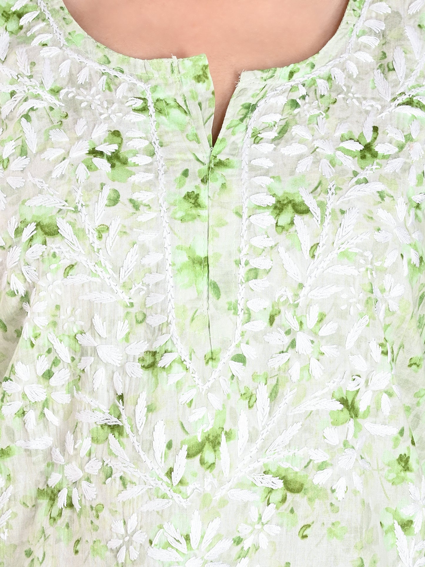 Green Mul Cotton Lucknowi Chikankari Short Kurti for Women with Hand Embroidery – Casual Ethnic Wear Top