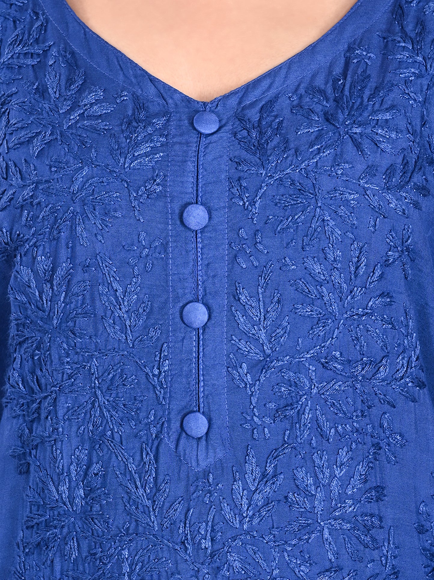 Blue Muslin Lucknowi Chikankari Kurta Set with Pajama for Women with Hand Embroidery – Festive Ethnic Wear Long Kurti Set
