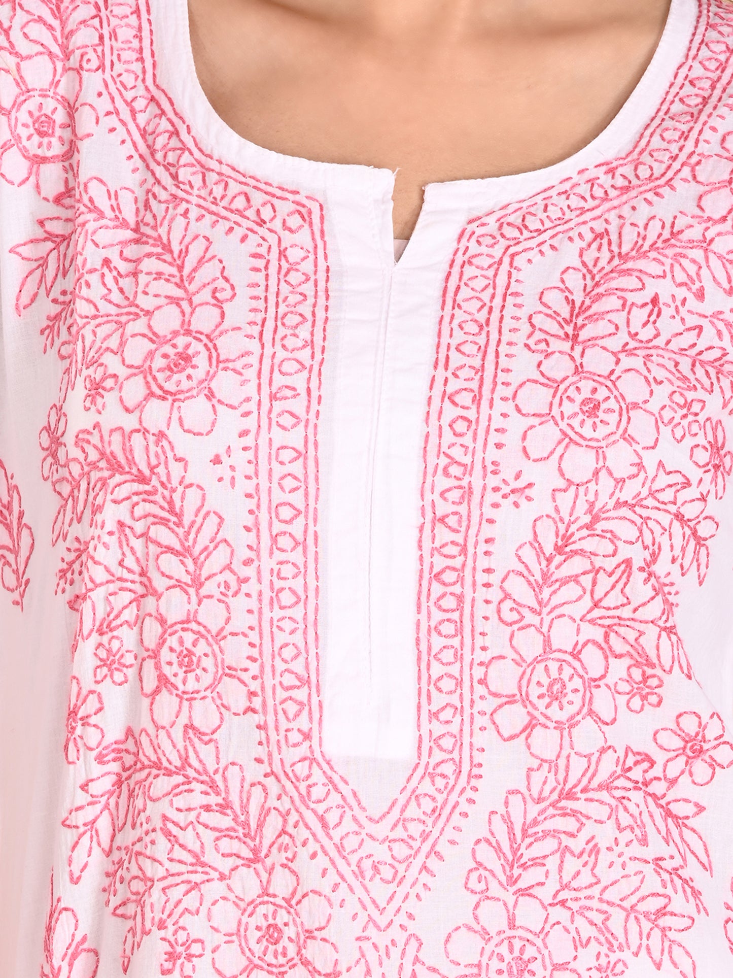 White Cotton Lucknowi Chikankari Kurta with Pajama Set for Women with Pink Thread Hand Embroidery – Ethnic Wear Suit Set
