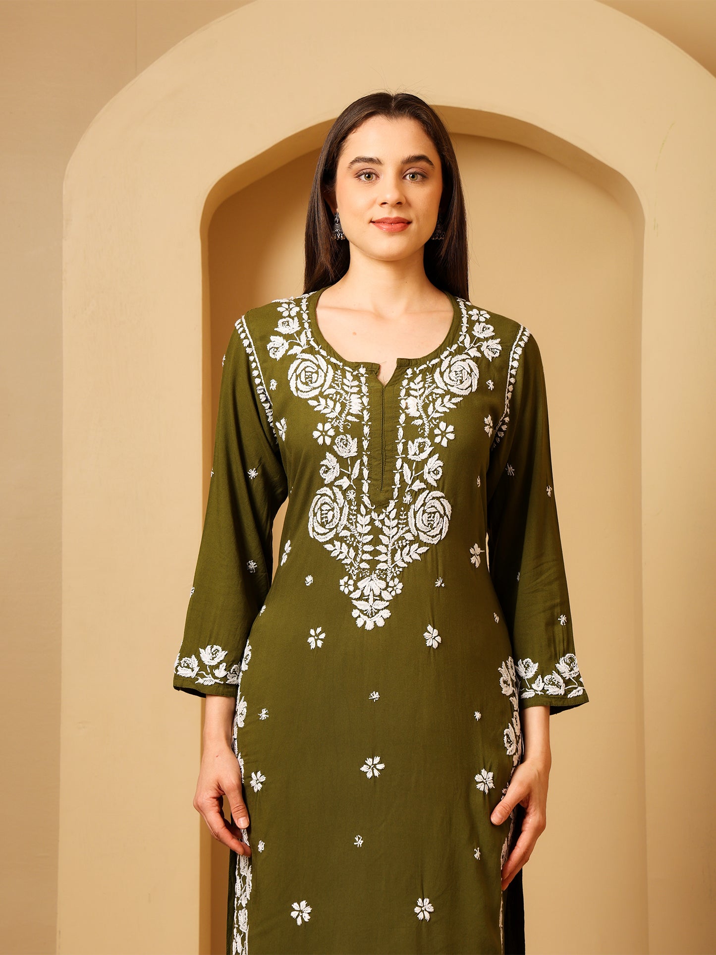 Nazaira Women’s Rayon 3D Work Lucknow Chikankari Kurta with Palazzo Set | Hand Embroidered Lucknawi Chickankari Kurti | Ethnic Wear for Women | Mehndi Green |