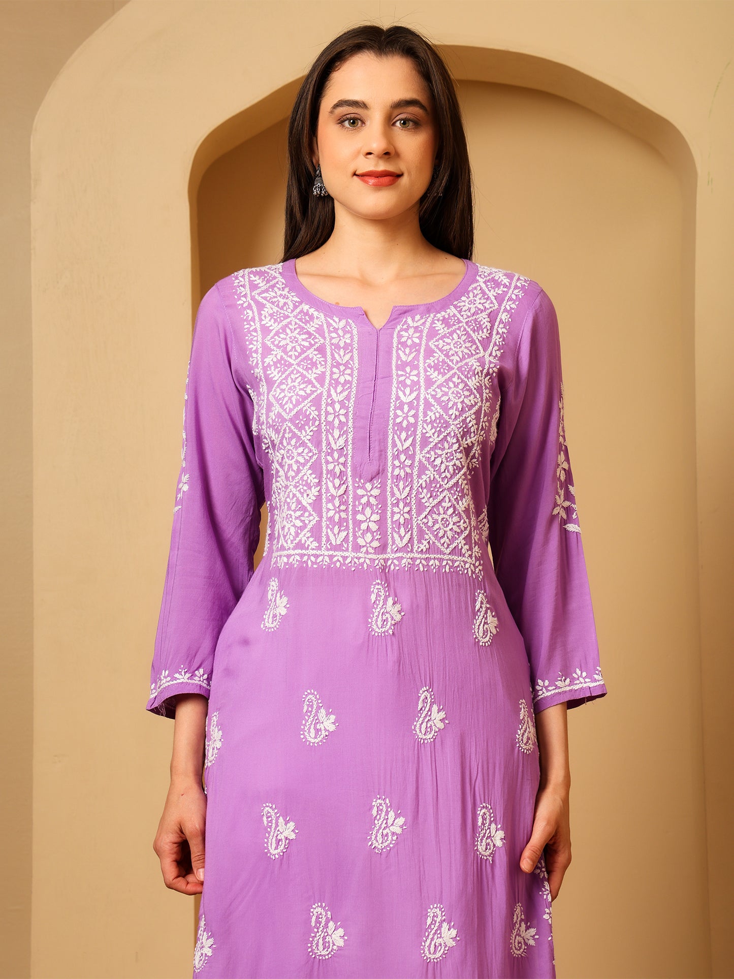 Nazaira Women’s Modal Chikankari Kurta Lavender | Hand Embroidered Lucknowi Chikankari Kurti | Ethnic Wear Long Kurta for Women | Lightweight Breathable Daily & Festive Wear