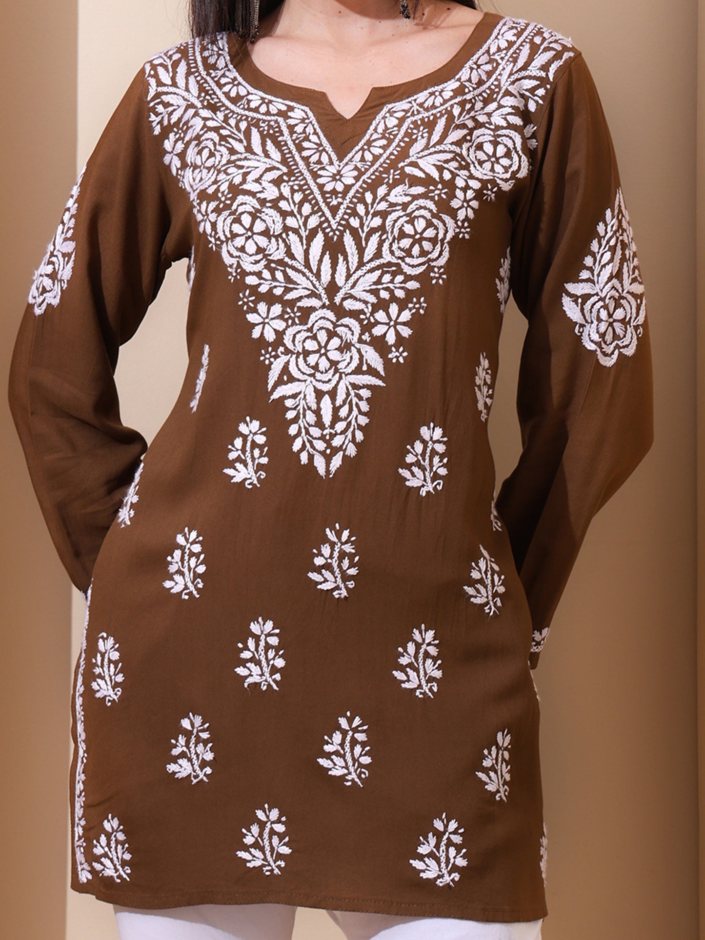 Nazaira Women’s Rayon Lucknow Chikankari Short Kurta | Handmade Hand Embroidered Luckhnawi Kurti for Women | Ethnic Wear Tunic Top for Daily, Casual Brown