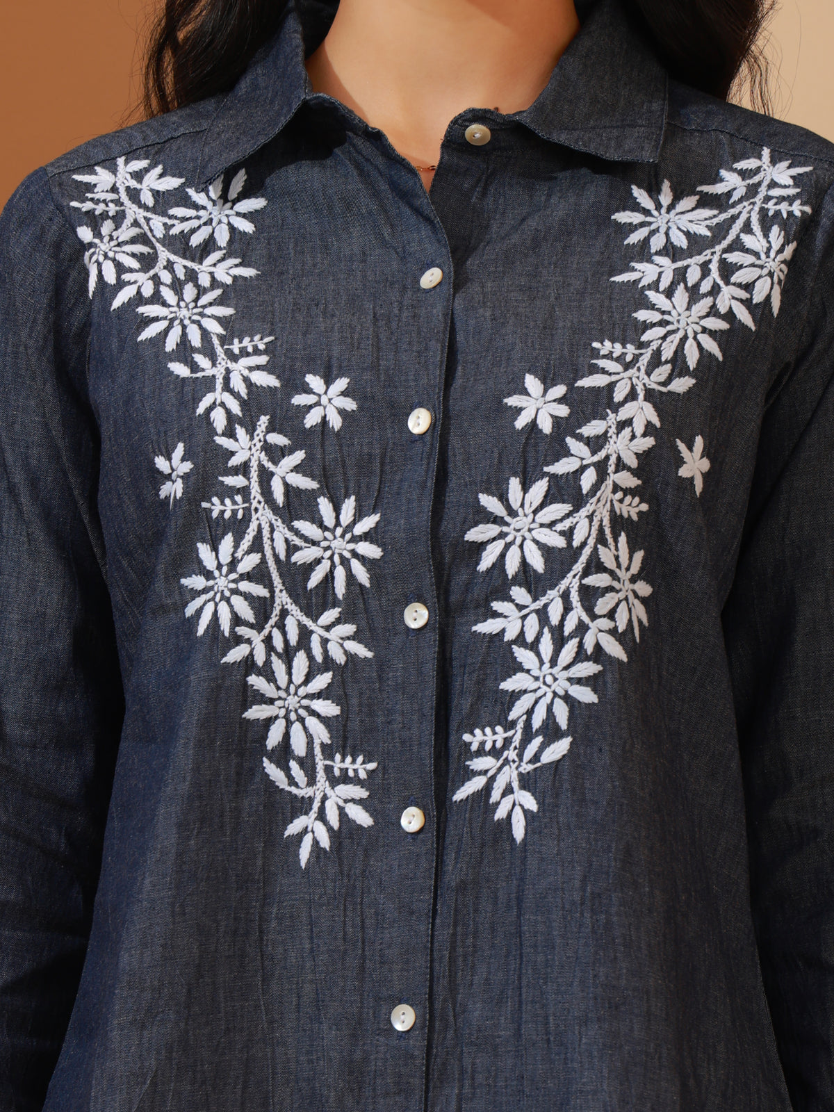 Nazaira Denim Chikankari Shirt for Women | Blue Hand Embroidered Shirt with White Floral Lucknow Chikankari | Long Sleeve Modern Ethnic Wear | Office, Casual & College Wear