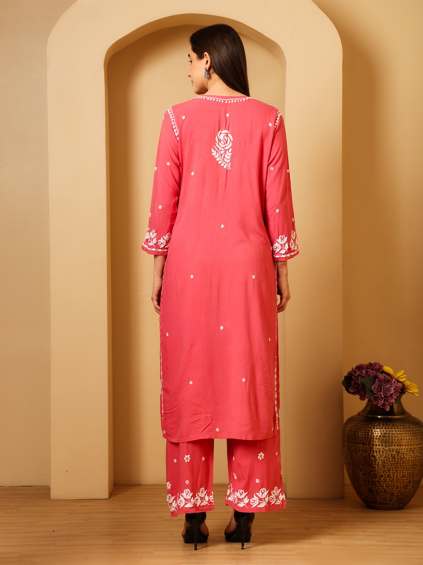Nazaira Women’s Rayon 3D Work Lucknow Chikankari Kurta with Palazzo Set | Hand Embroidered Lucknawi Chickankari Kurti | Ethnic Wear for Women | Coral Pink |