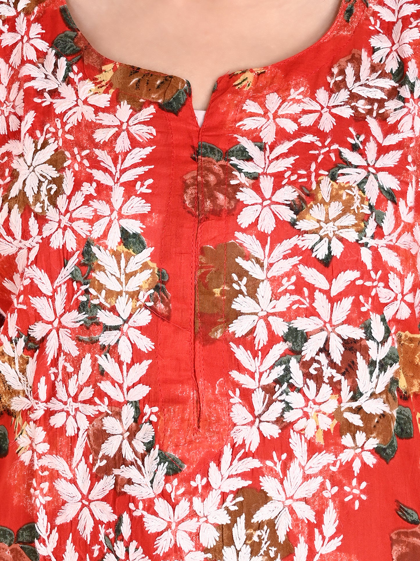 Red Mul Cotton Lucknowi Chikankari Floral Printed Long Kurti for Women with Hand Embroidery – Elegant Ethnic Wear Kurta