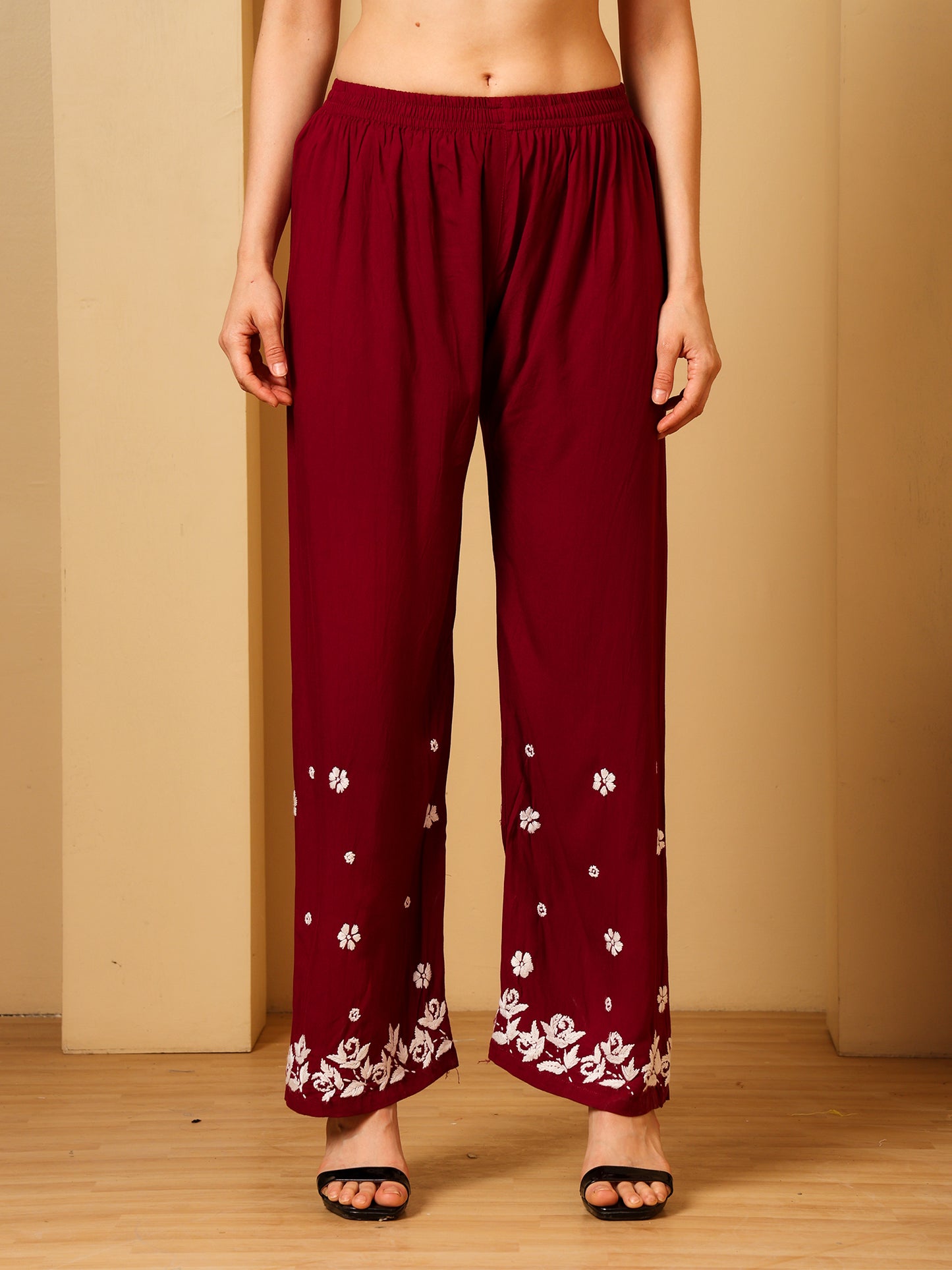 Nazaira Women’s Rayon 3D Work Lucknow Chikankari Kurta with Palazzo Set | Hand Embroidered Lucknawi Chickankari Kurti | Ethnic Wear | Maroon |