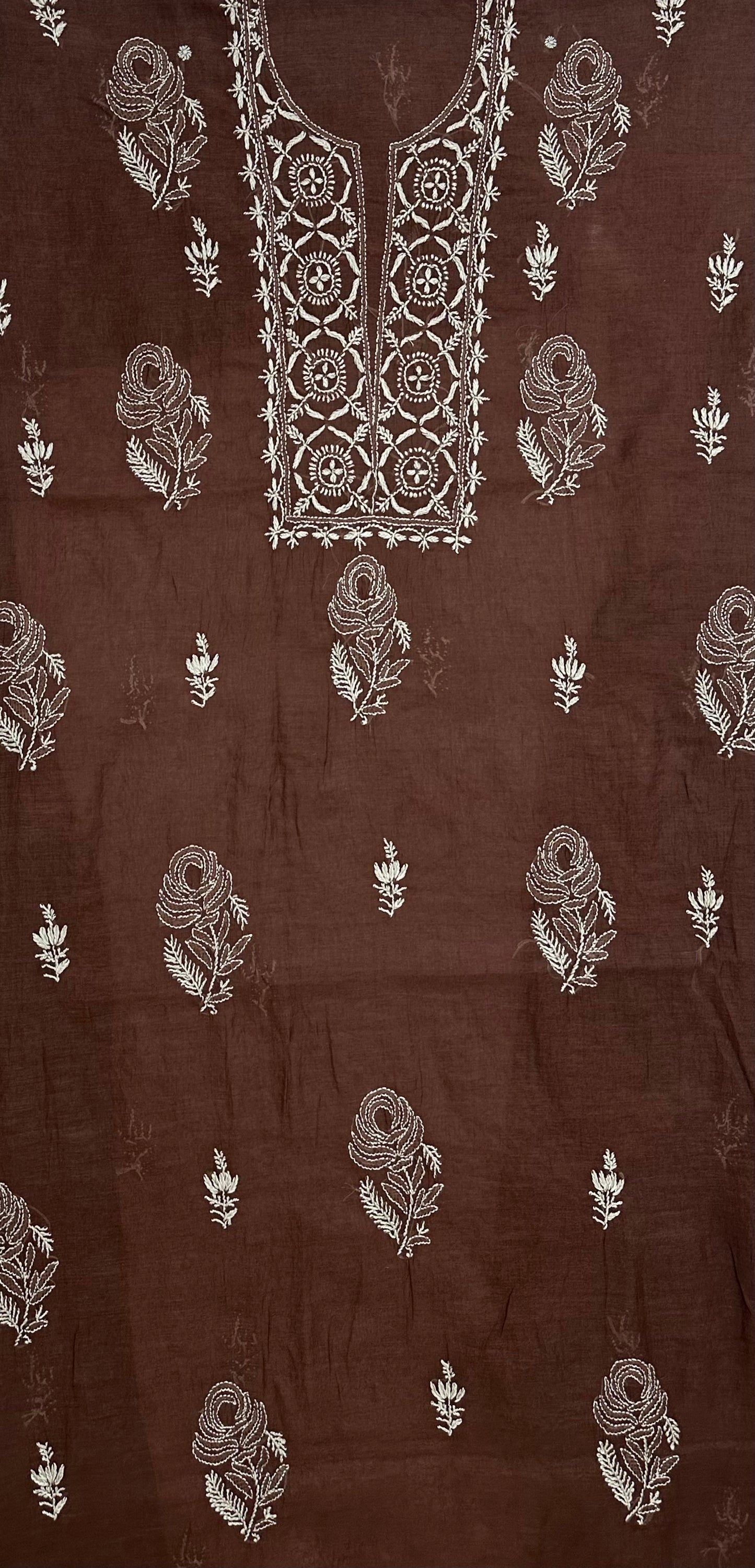 Pure Mul Chanderi Lucknowi Chikankari Unstitched Suit for Women with Dupatta – Hand Embroidered Ethnic Dress Material (2 Piece Set) - Brown