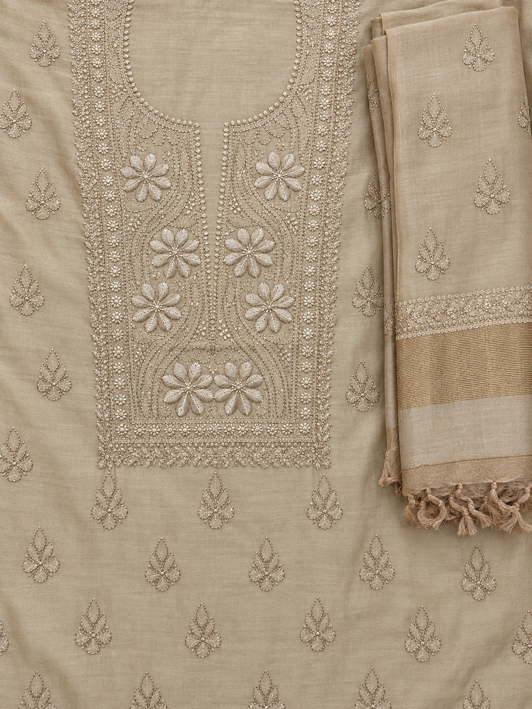 NAZAIRA Women's Tan Silk Chanderi Unstitched 2-Piece Suit (Kurta Fabric & Dupatta) | Hand Embroidered Lucknow Chikankari | Glass Gala Neck Work, All-Over Buti | Wedding & Festive