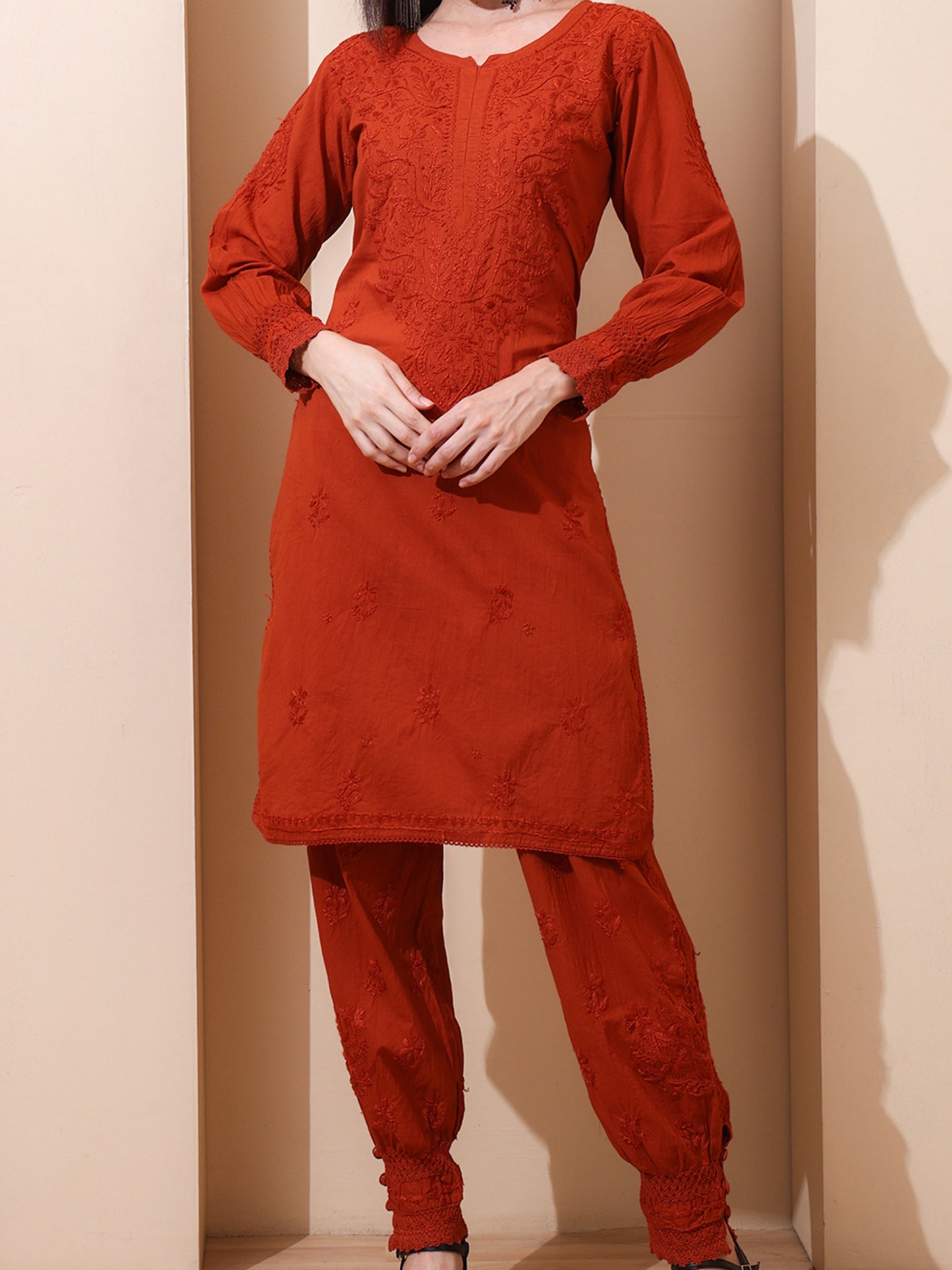 Nazaira Women’s Cotton Chikankari Kurta Pant Set | Hand Embroidered Lucknowi Chikankari Afghani Set for Women | Ethnic Kurti Set with Bottom Wear | Rust