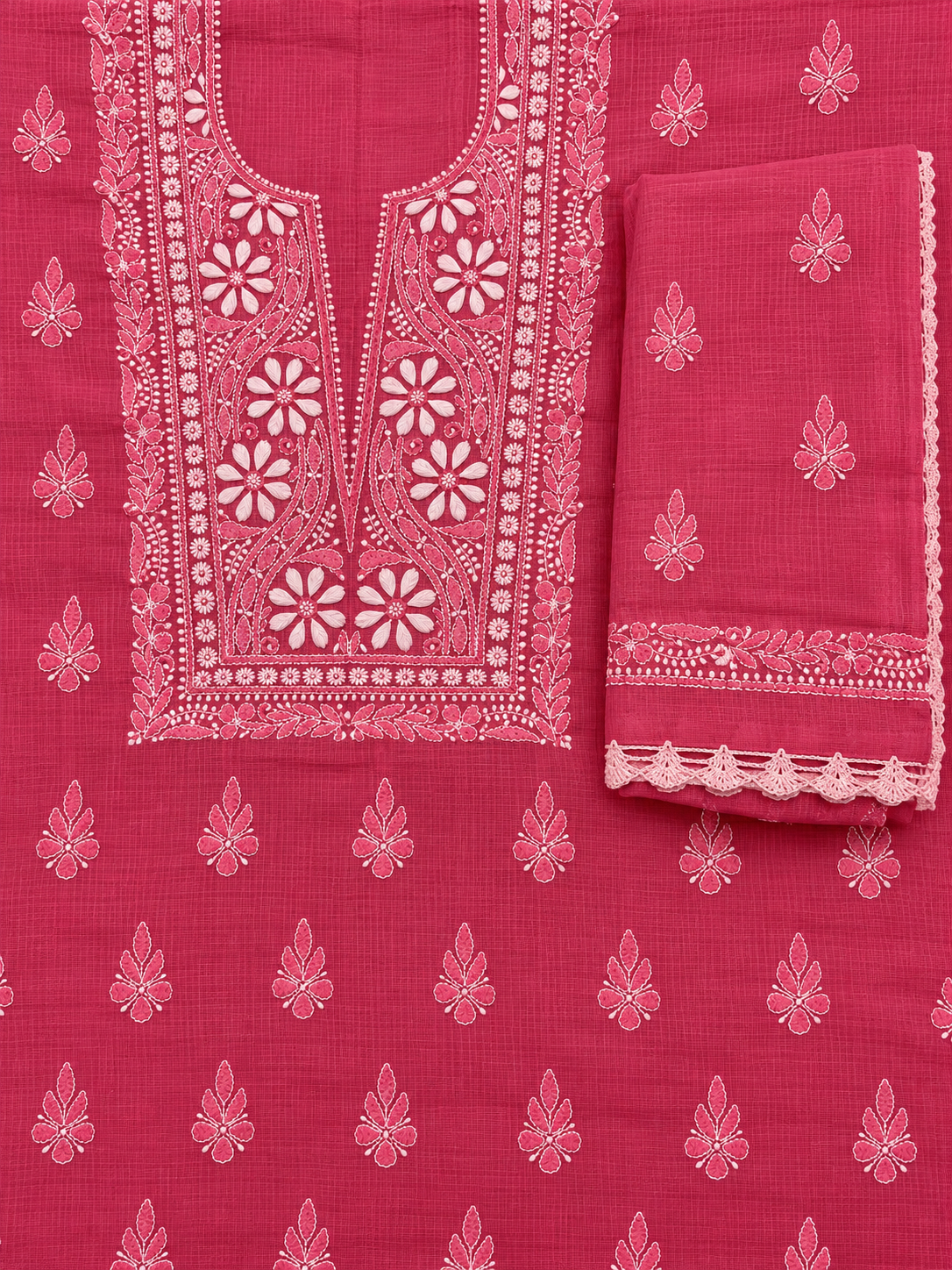 Women's Pink Kota Cotton Unstitched 2 Piece Suit Dress Material with Dupatta | Lucknowi Chikankari Hand Embroidery, Glass Gala Neck Design, All Over Work | Pooja Wedding Festive