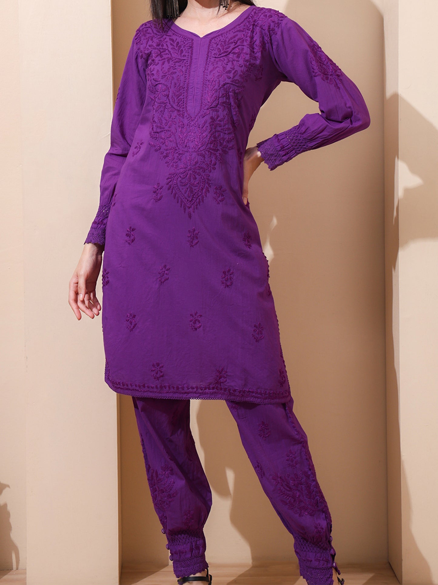 Nazaira Women’s Cotton Chikankari Kurta Pant Set | Hand Embroidered Lucknowi Chikankari Afghani Set for Women | Ethnic Kurti Set with Bottom Wear | Purple