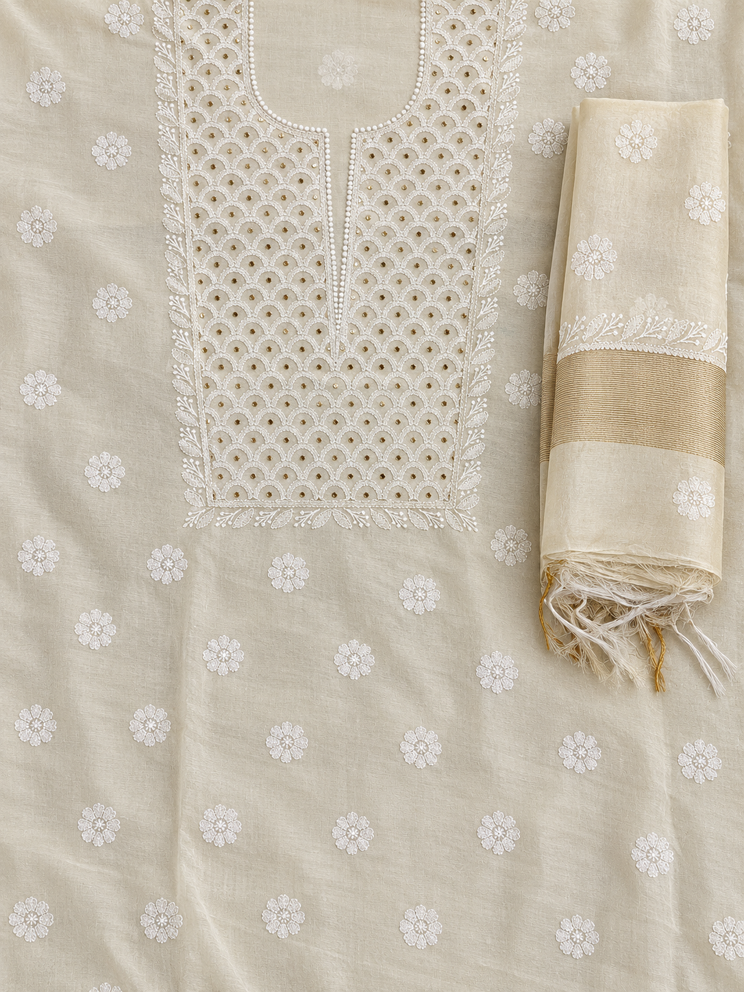 NAZAIRA Women's Cream Silk Chanderi Unstitched Suit Material with Dupatta | 2 Piece Lucknow Chikankari | Hand Embroidery with Mukaish Work and Glass Gala Neck Design | Festive, Wedding, Ethnic