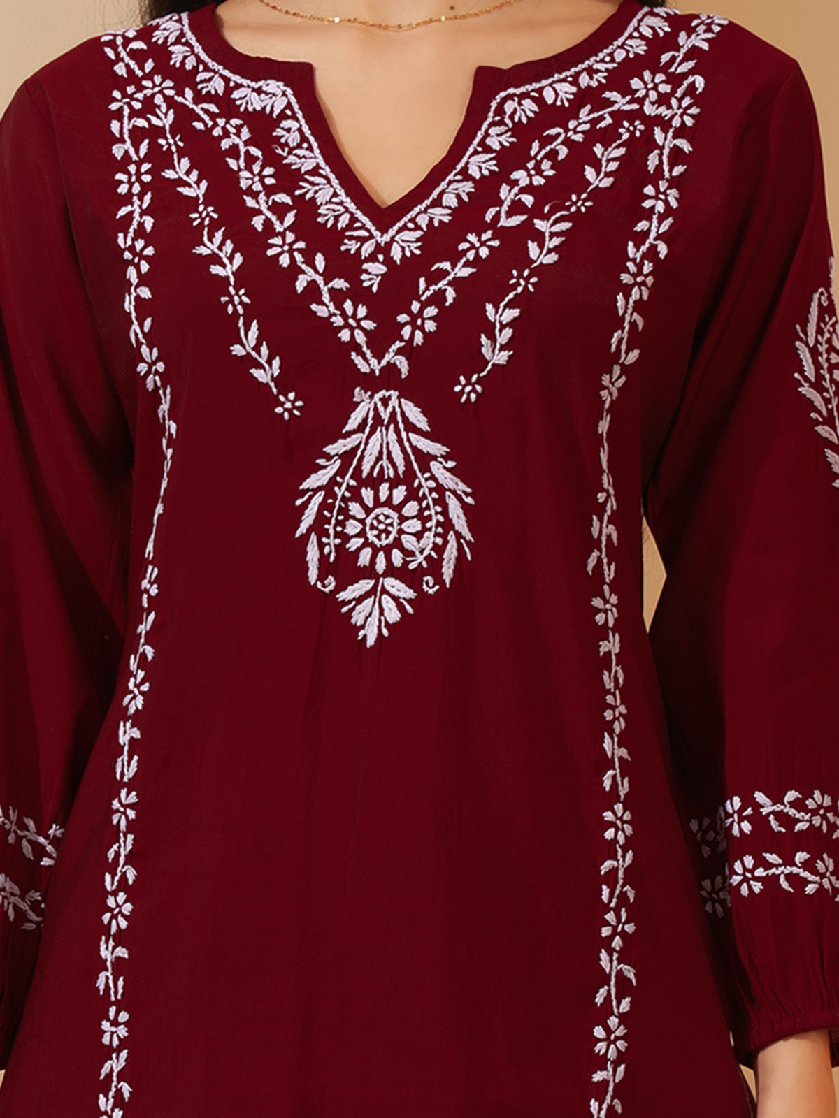 Nazaira Chanderi Chikankari Kurta Pant Set for Women | Maroon Long Kurti with Hand Embroidery | Lucknowi Chikankari Ethnic Wear | Matching Pants with Pockets | Traditional Handwork