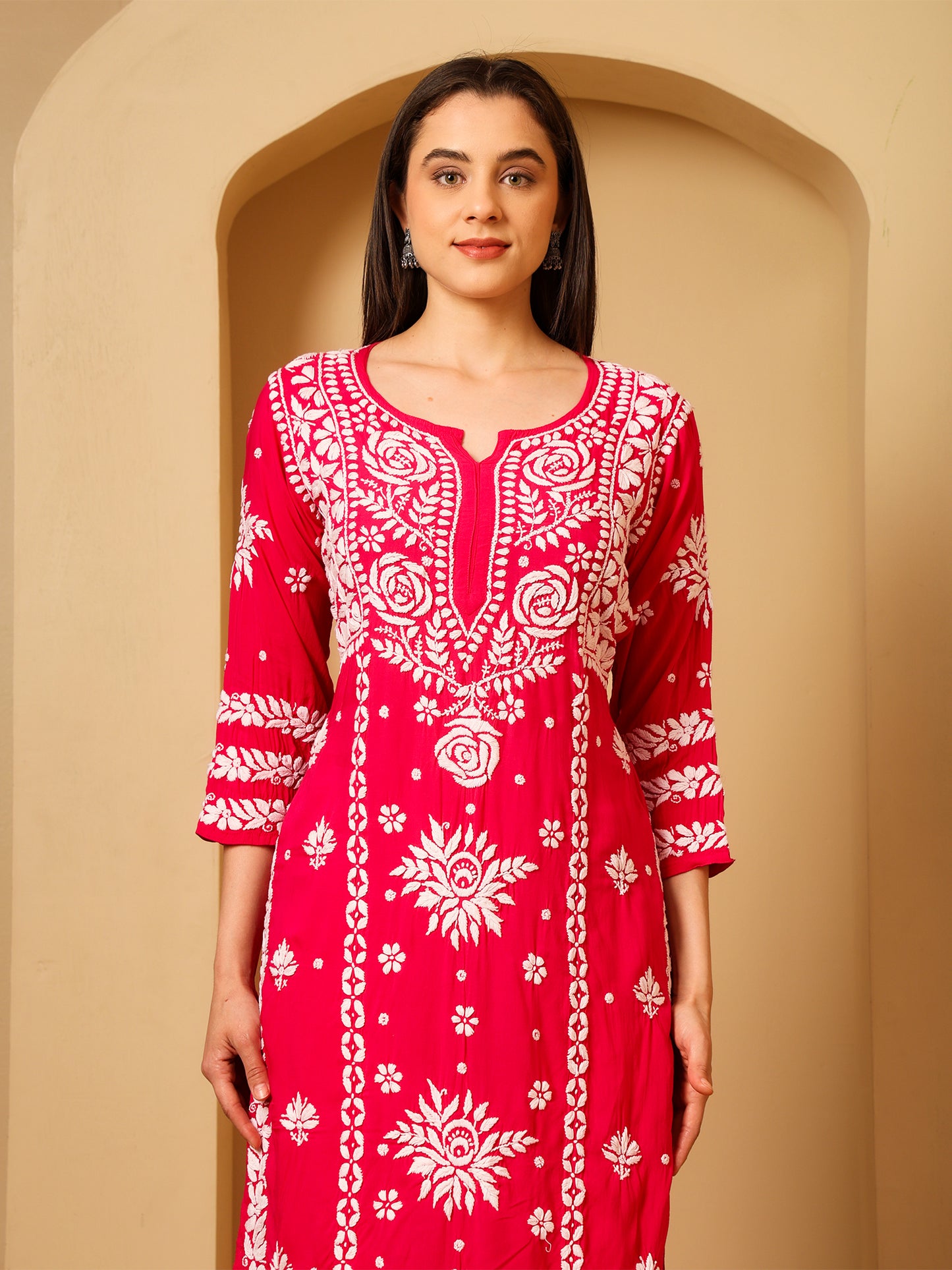 Nazaira Modal Lucknow Chikankari Kurta Set for Women with Palazzo | 3D Hand Embroidery Long Kurti | Ethnic Wear for Women | Handmade Luckhnawi Chickankari | Rani Pink |