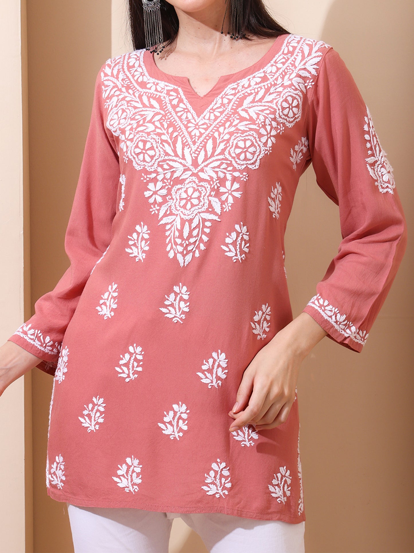 Nazaira Women’s Rayon Lucknow Chikankari Short Kurta | Handmade Hand Embroidered Luckhnawi Kurti for Women | Ethnic Wear Tunic Top for Daily, Casual Peach