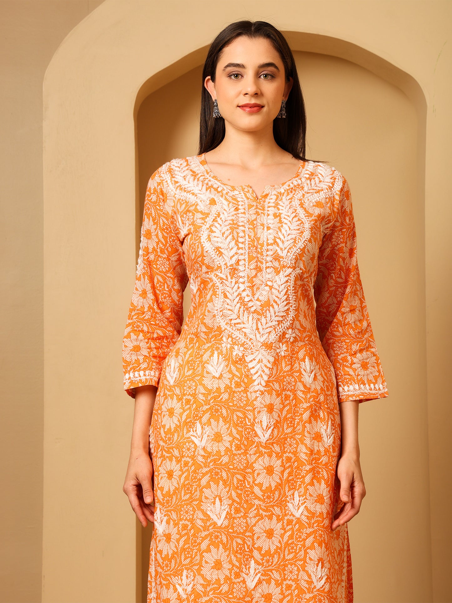 Nazaira Mulmul Cotton Chikankari Kurta for Women Orange | Hand Embroidered Lucknow Chikankari Kurti | Ethnic Wear Long Kurta for Women | Handmade Luckhnawi Chickankari Kurta