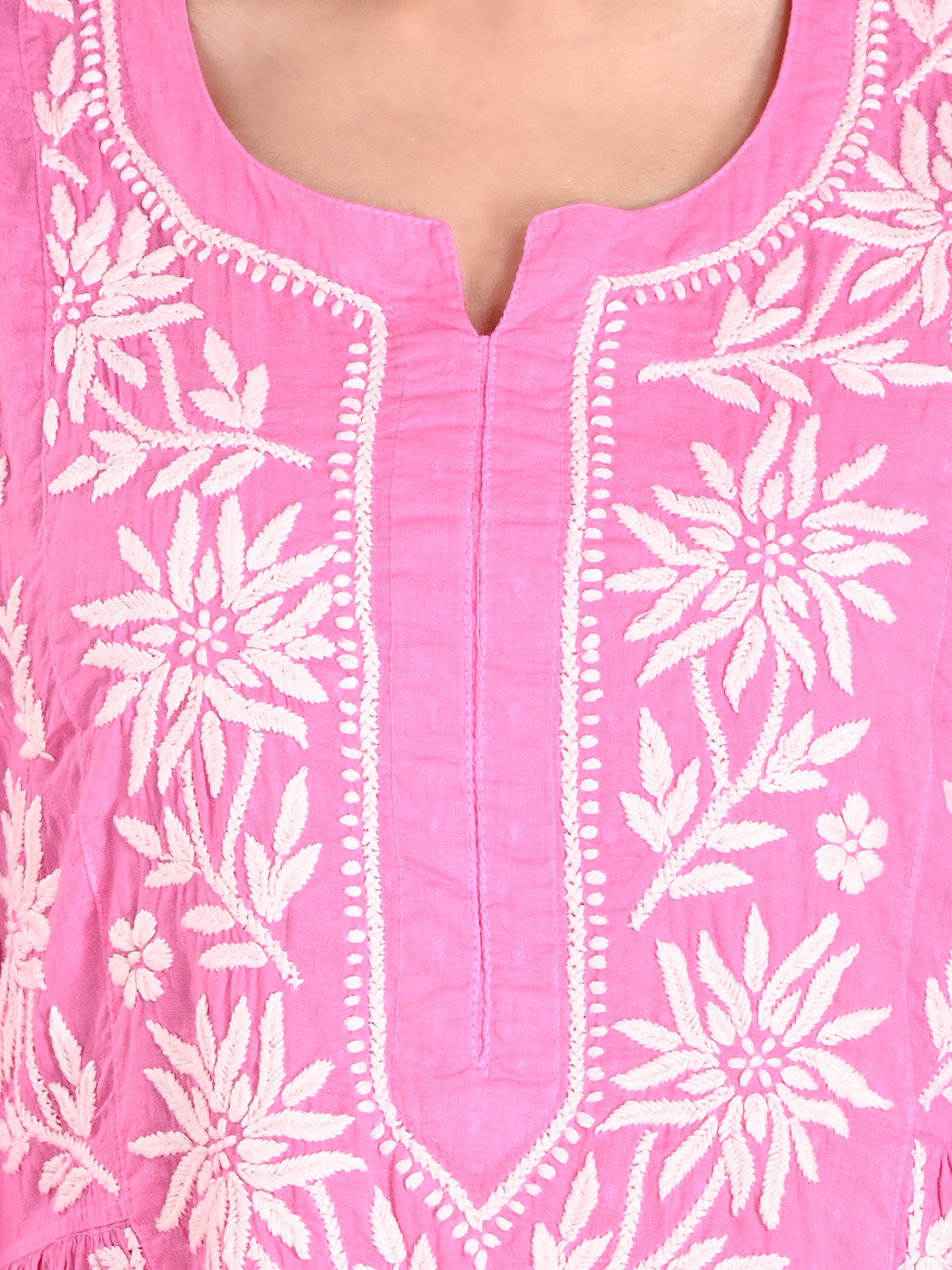 Pink Cotton Lucknowi Chikankari Long Gown Style Kurta for Women with White Hand Embroidery – Ethnic Wear Kurti