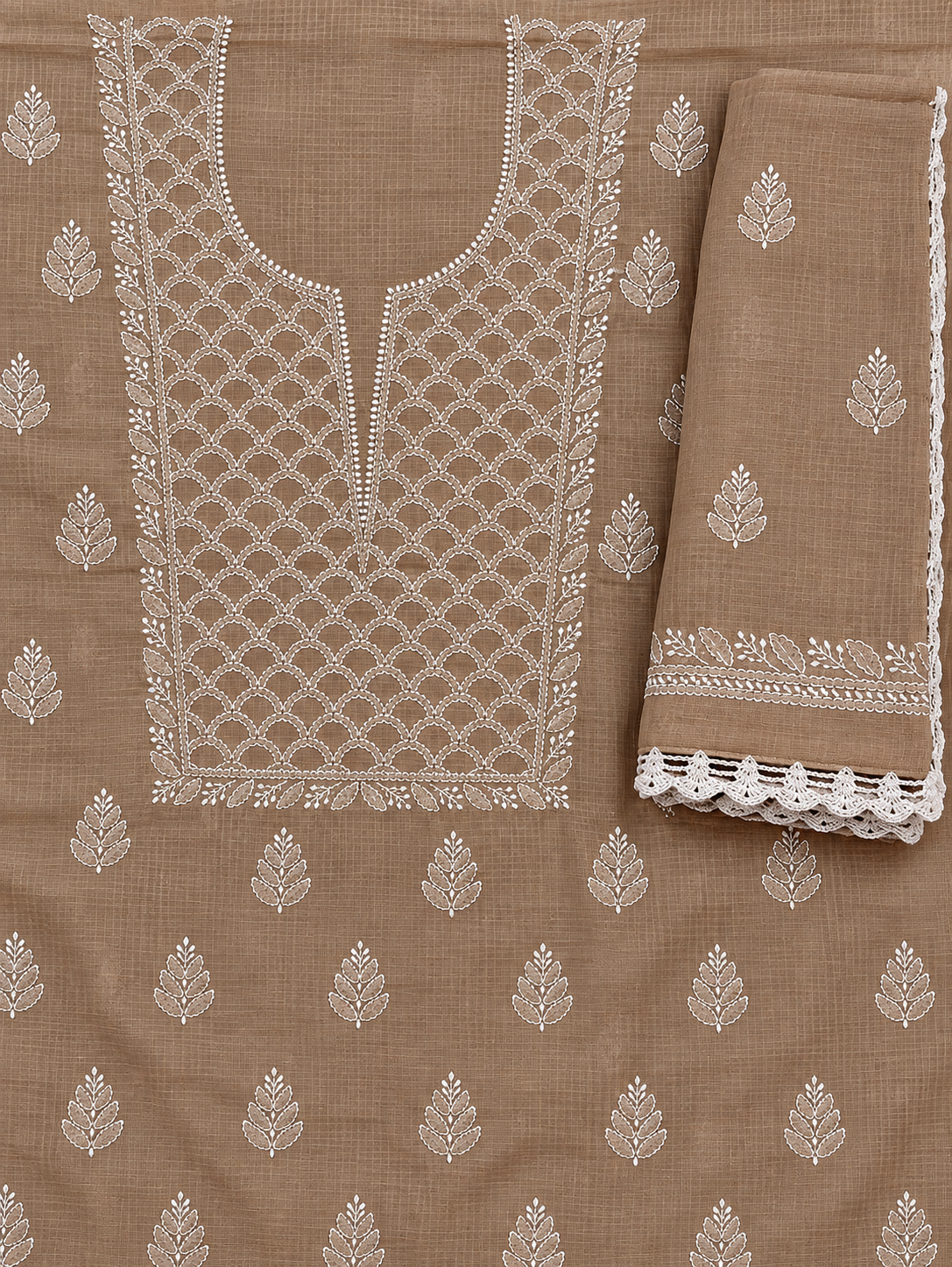 Women's Light Brown Kota Cotton Unstitched Lucknowi Chikankari Suit Material with Dupatta (2 Piece) | Glass Gala Neckline Hand Embroidery, Front and Back Buti Work | Festive Pooja and Wedding