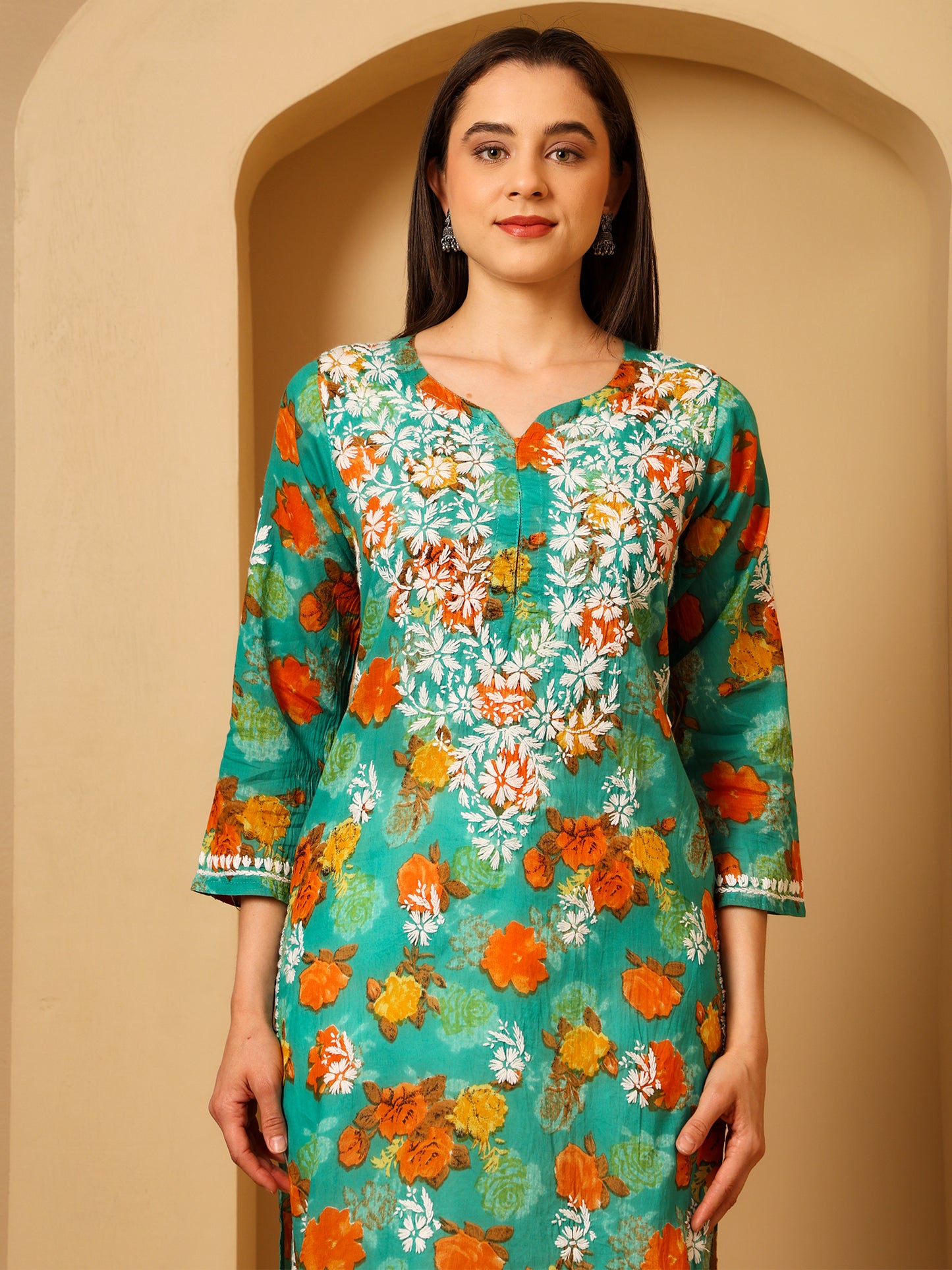 Nazaira Women’s Green Mul Cotton Lucknowi Chikankari Long Kurti | Hand-Embroidered Floral Printed Cotton Kurta | Elegant Ethnic Wear for Women | Traditional Lucknow Chikan Work |